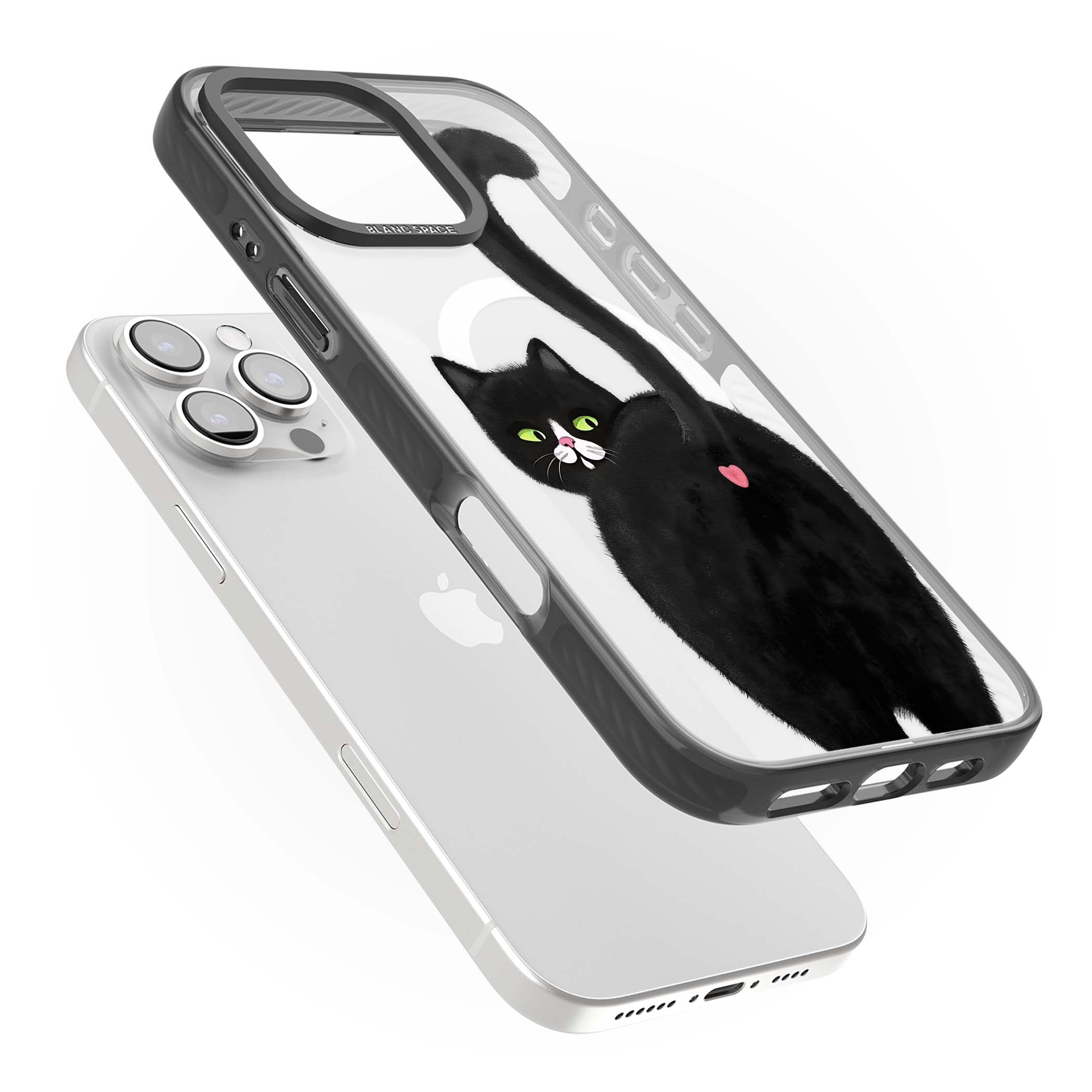 The Cat's Kiss cute cat iPhone case featuring a hand-painted tuxedo kitty with green eyes and a pink heart on a clear  | Black Impact Magsafe case for iPhone 16 Pro, iPhone 16 Pro Max