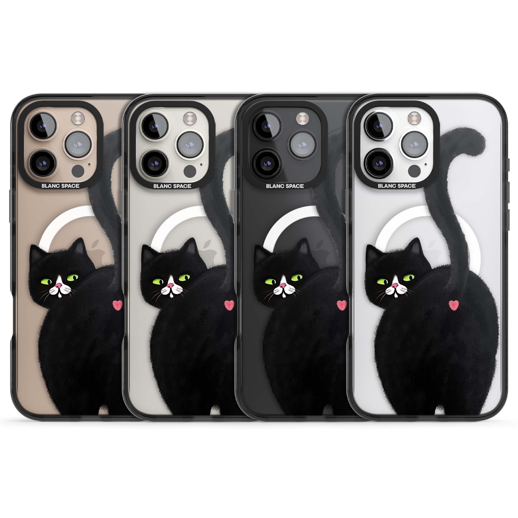 The Cat's Kiss cute cat iPhone case featuring a hand-painted tuxedo kitty with green eyes and a pink heart on a clear  | Black Impact Magsafe case for iPhone 16 Pro, iPhone 16 Pro Max