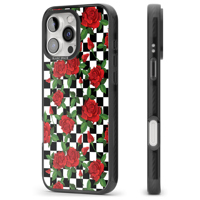 iPhone 16 Pro Max Checkered Pattern & Red Roses Black Impact Phone Case