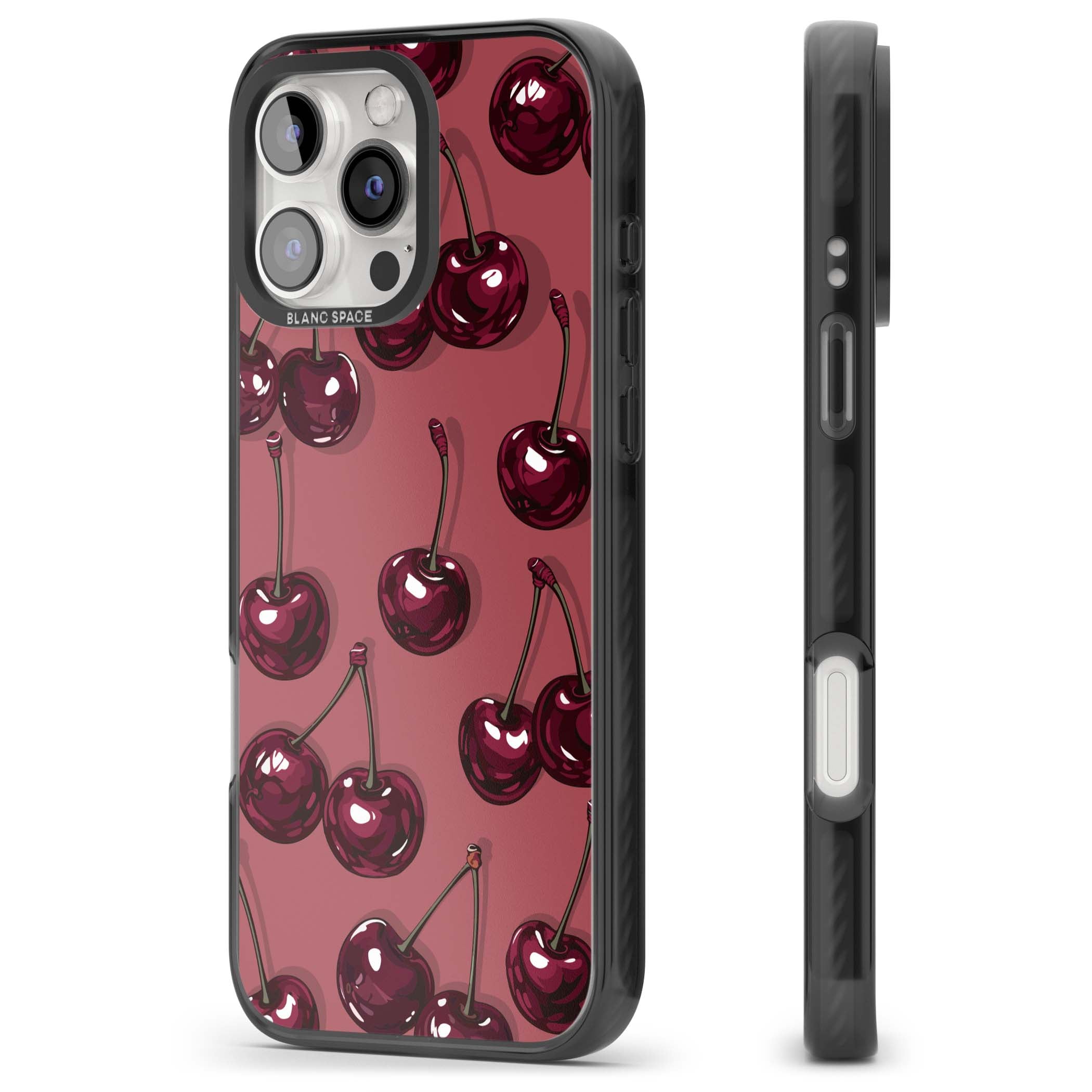 Cherry Rebel coquette iPhone case featuring glossy burgundy cherries on a dusty rose background | Black Impact Magsafe case for iPhone 16 Pro, iPhone 16 Pro Max