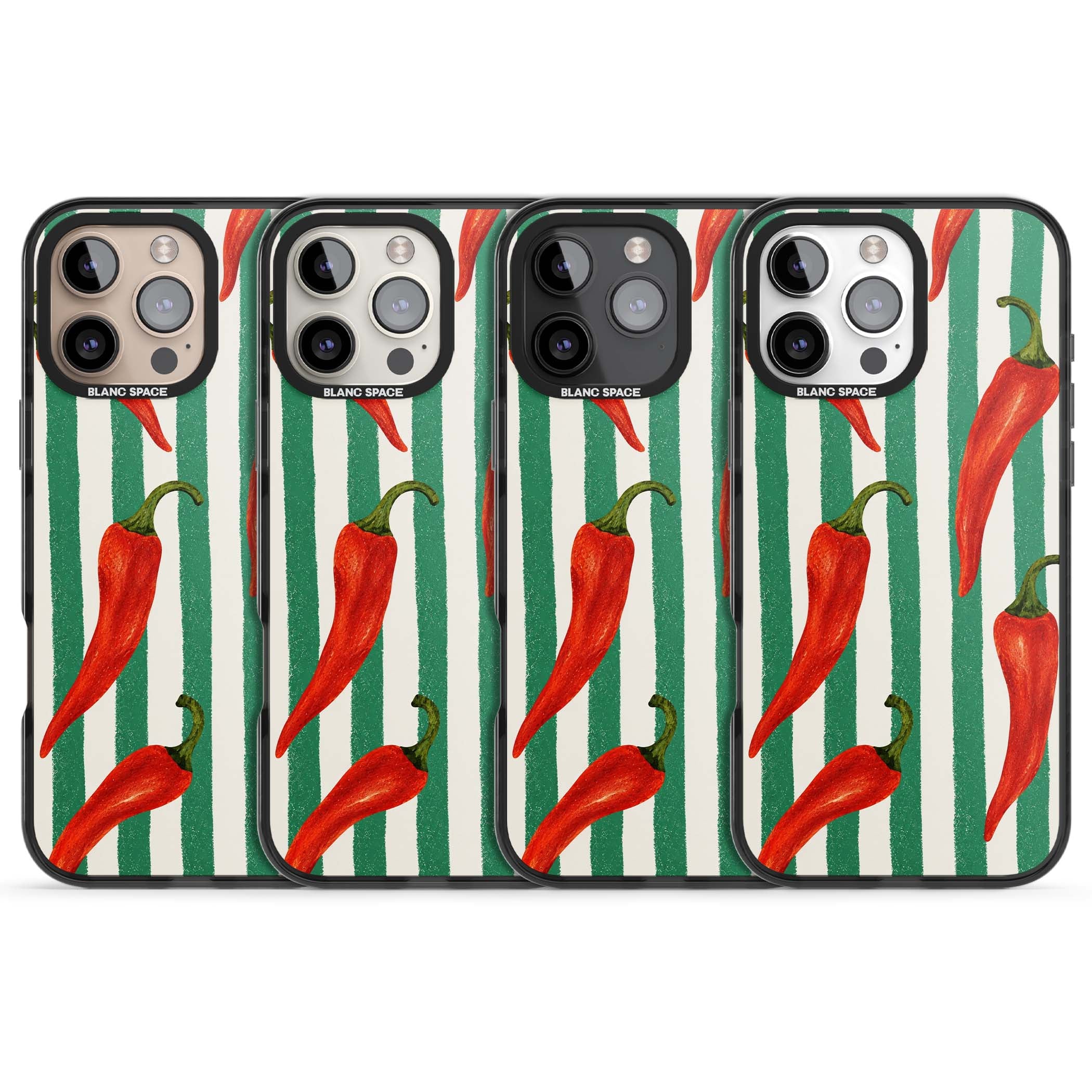 Striped Chillis coastal iPhone case featuring hand-painted red chili peppers on green and cream stripes | Black Impact Magsafe case for iPhone 16 Pro, iPhone 16 Pro Max