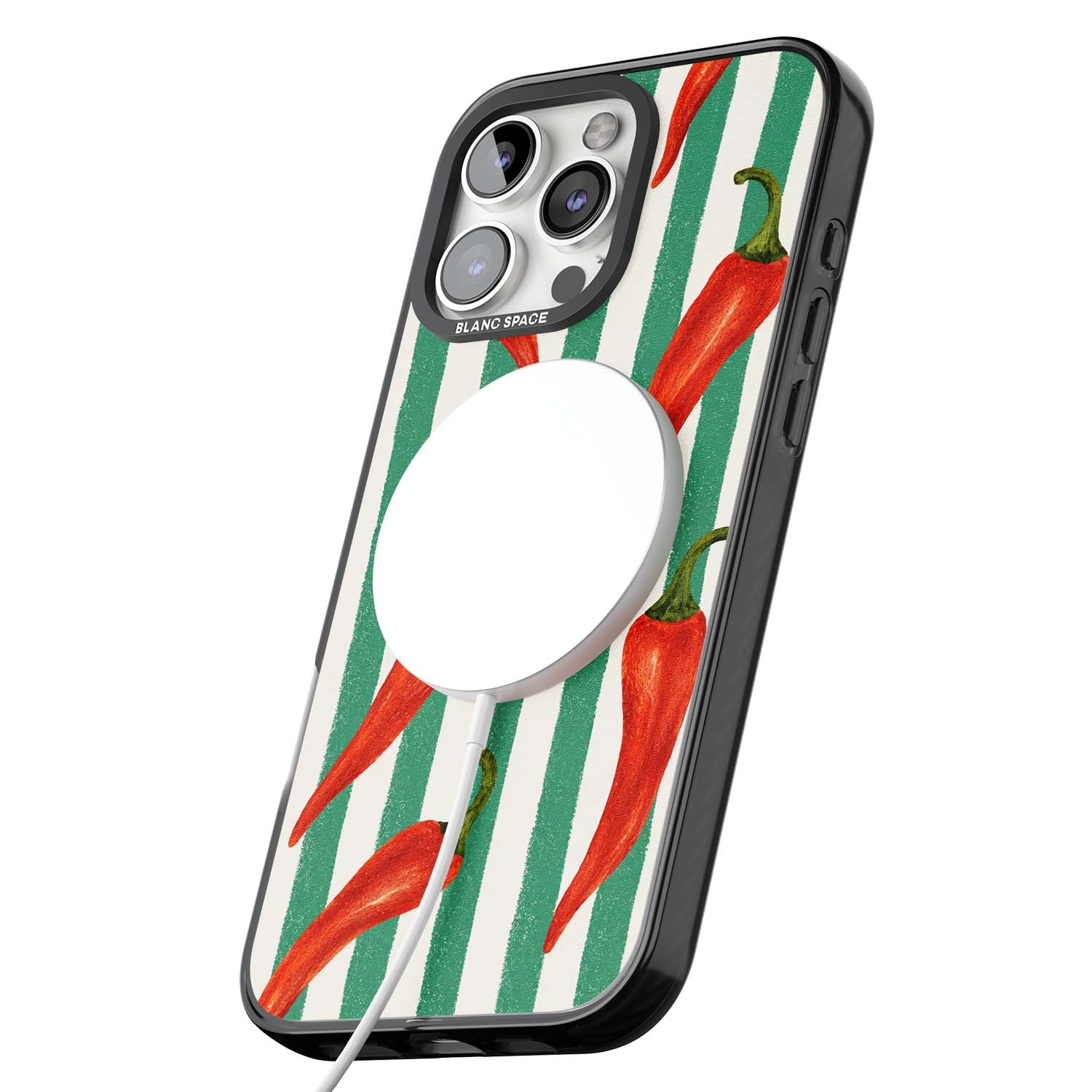 Striped Chillis coastal iPhone case featuring hand-painted red chili peppers on green and cream stripes | Black Impact Magsafe case for iPhone 16 Pro, iPhone 16 Pro Max