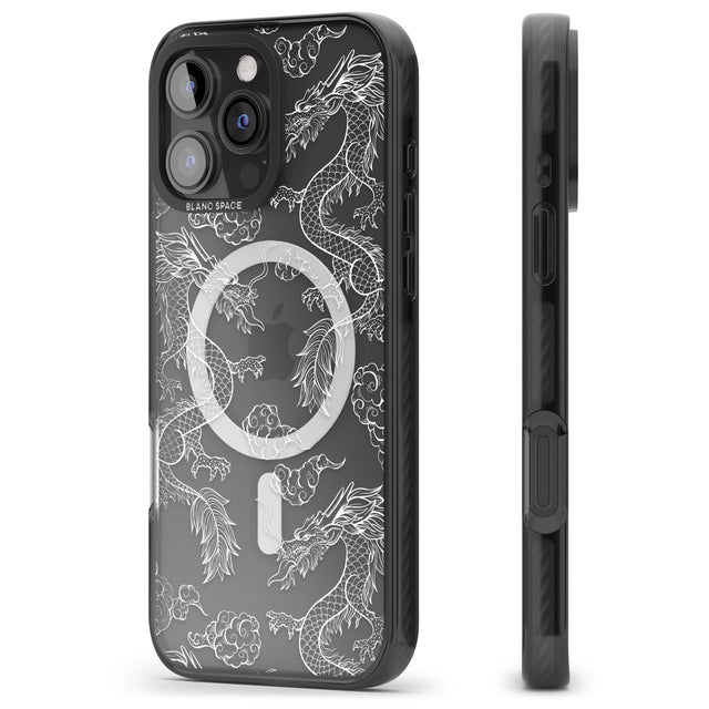 iPhone 16 Pro Max White Dragon Pattern Black Impact Phone Case