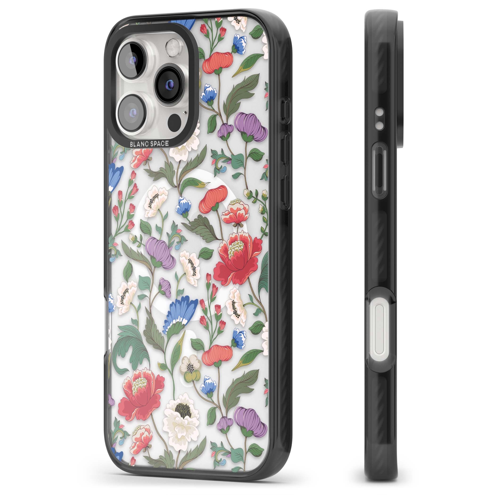 Chinoiserie Bloom vintage floral iPhone case featuring hand-painted peonies, poppies and trailing wildflowers on clear... | Black Impact Magsafe case for iPhone 16 Pro, iPhone 16 Pro Max