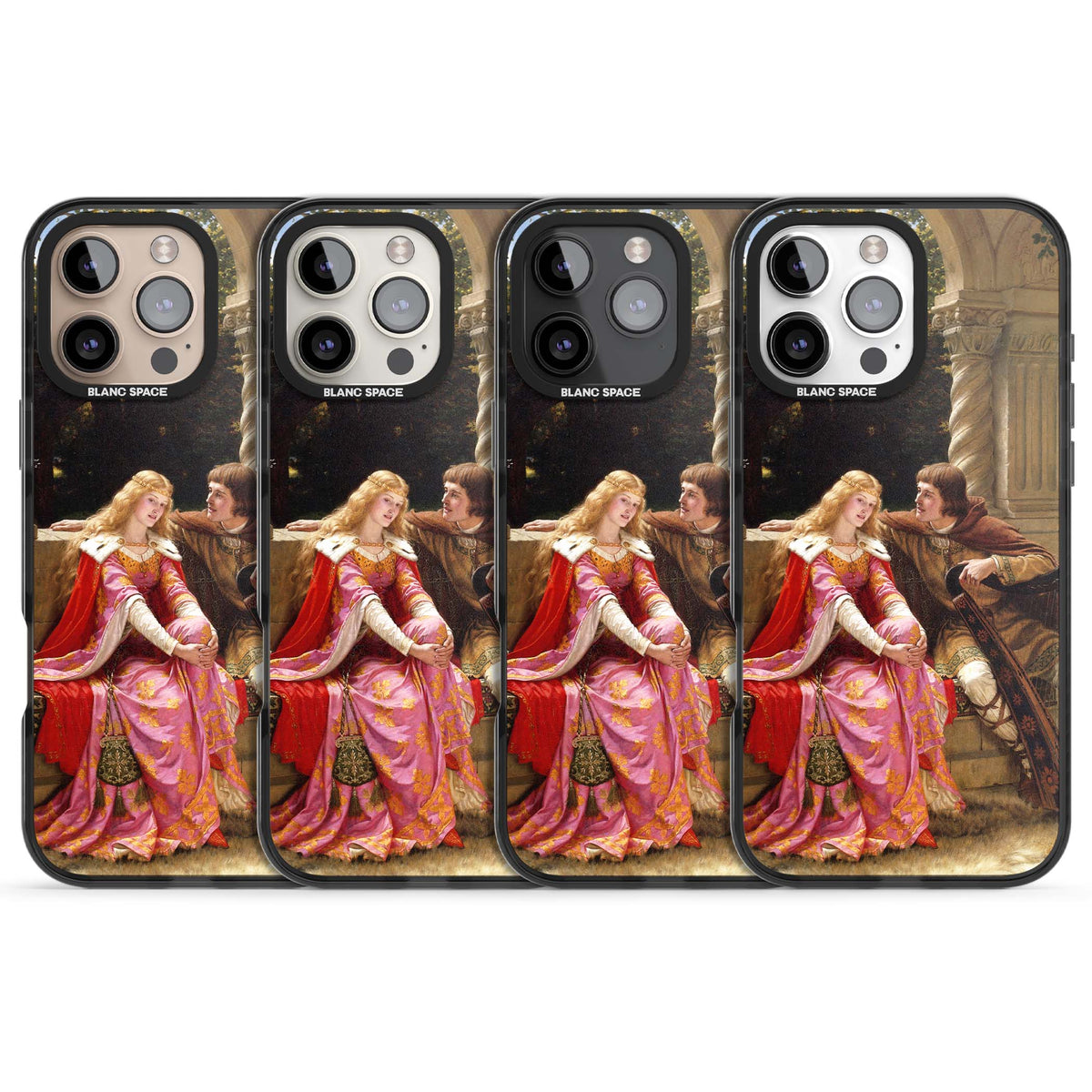 The End of the Song classic art iPhone case featuring a medieval lady in pink gown and her knight in a stone archway | Black Impact Magsafe case for iPhone 16 Pro, iPhone 16 Pro Max
