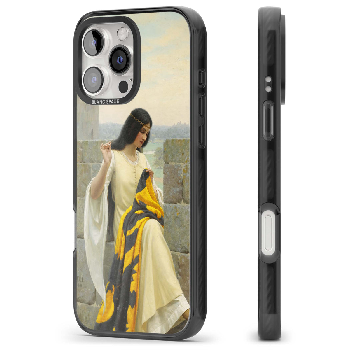 Stitching the Standard renaissance art iPhone case featuring a medieval lady sewing a golden banner on a castle wall | Black Impact Magsafe case for iPhone 16 Pro, iPhone 16 Pro Max
