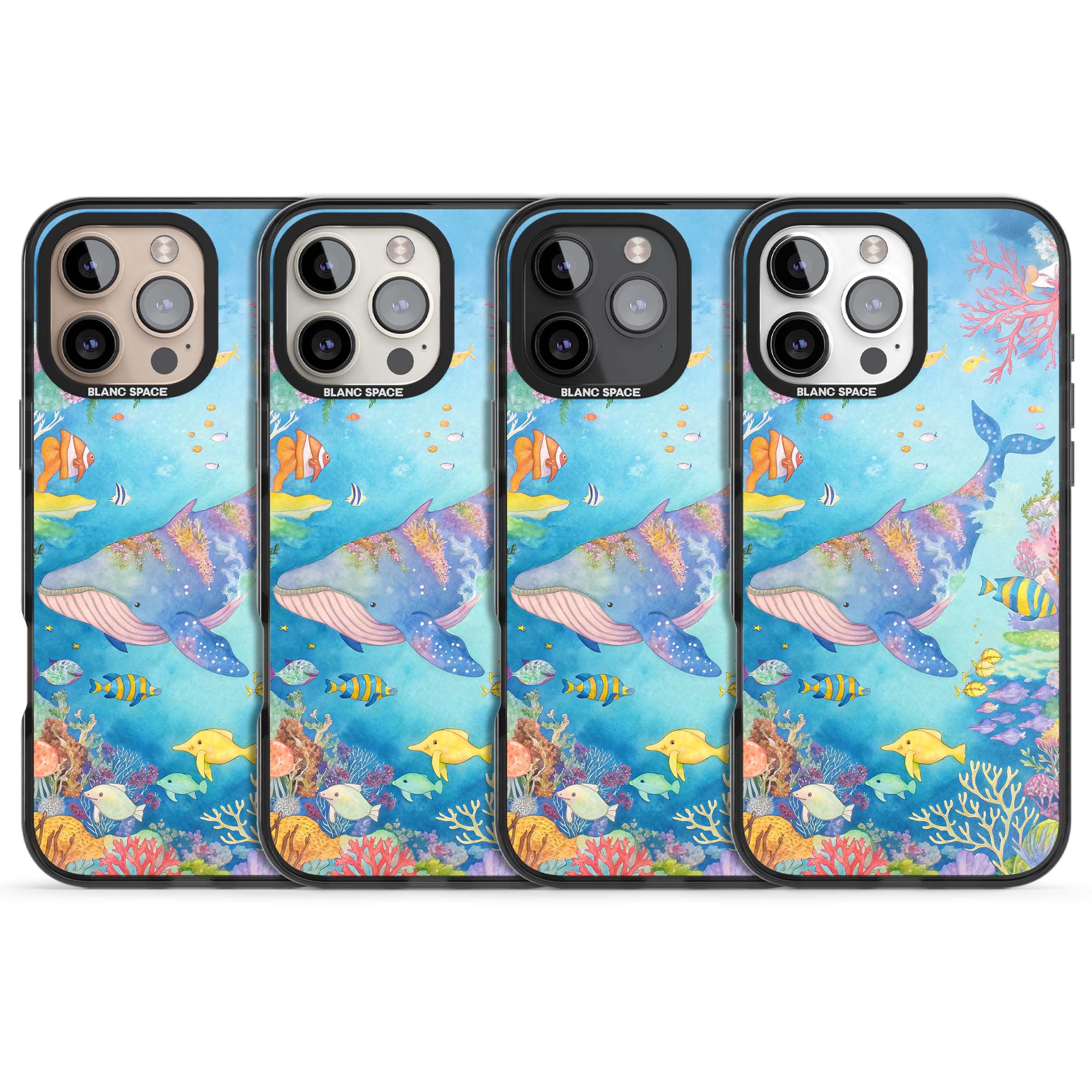 Coral Lagoon ocean iPhone case featuring a watercolour whale, coral reef and tropical fish | Black Impact Magsafe case for iPhone 16 Pro, iPhone 16 Pro Max