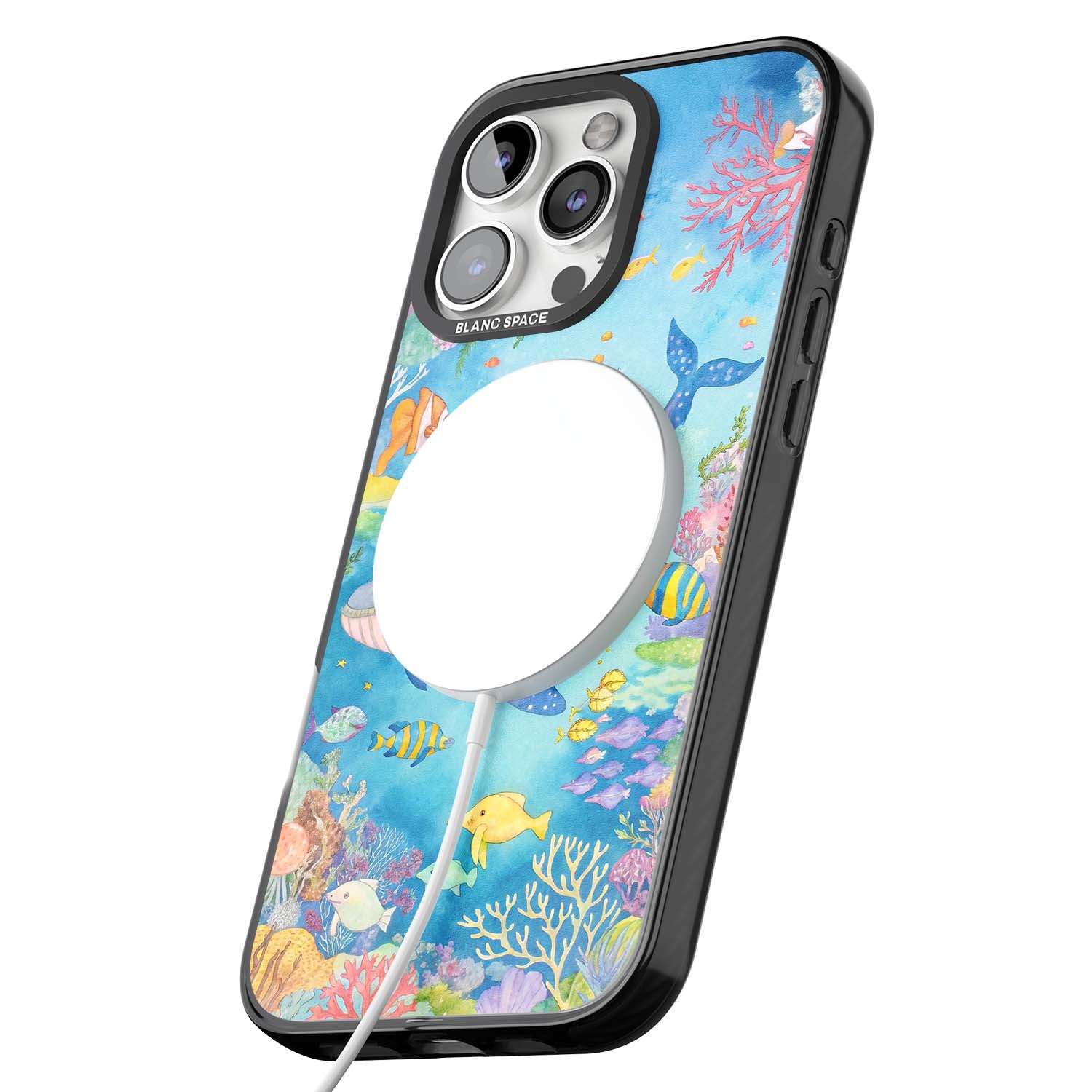 Coral Lagoon ocean iPhone case featuring a watercolour whale, coral reef and tropical fish | Black Impact Magsafe case for iPhone 16 Pro, iPhone 16 Pro Max