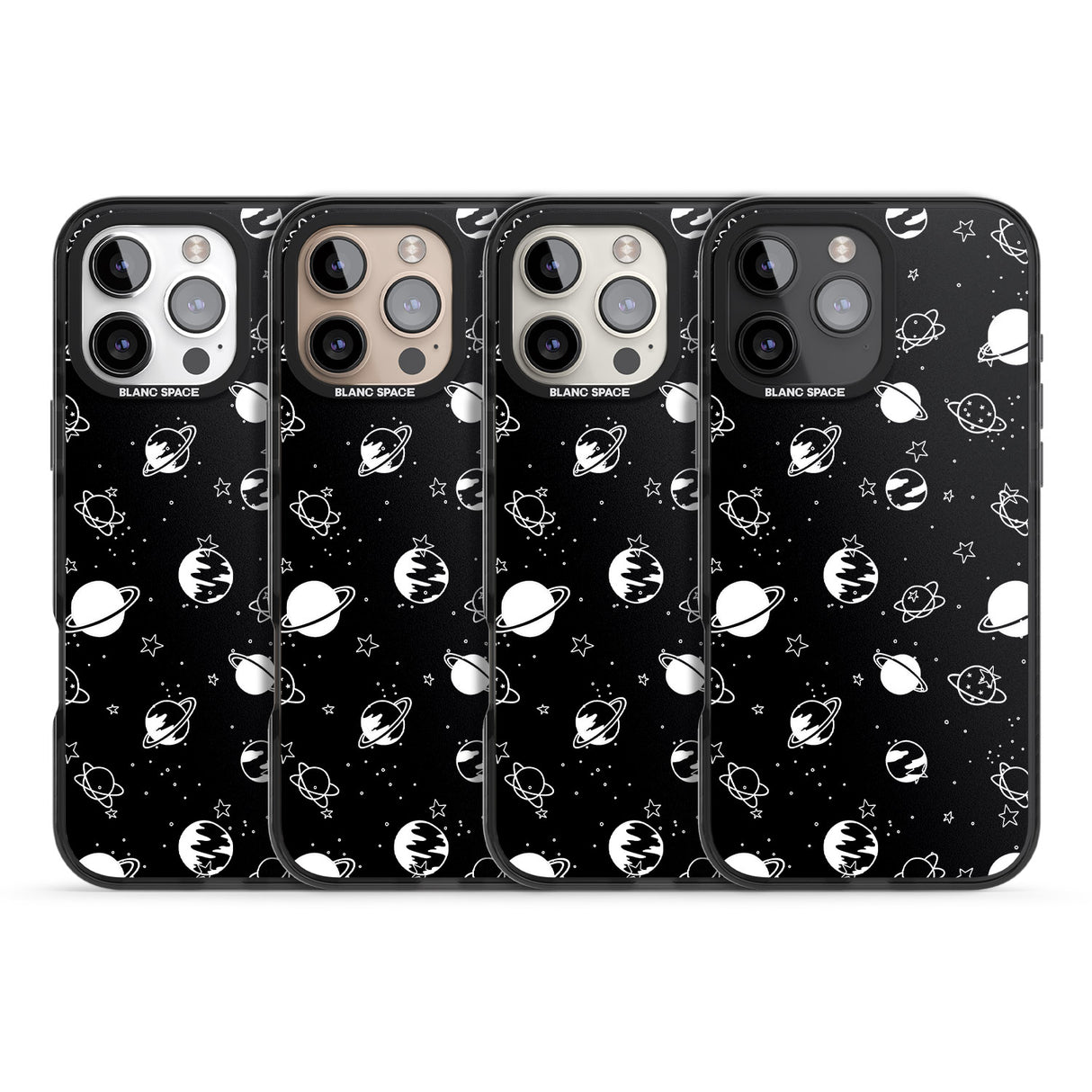 iPhone 16 Pro Max White Planets on Black Black Impact Phone Case