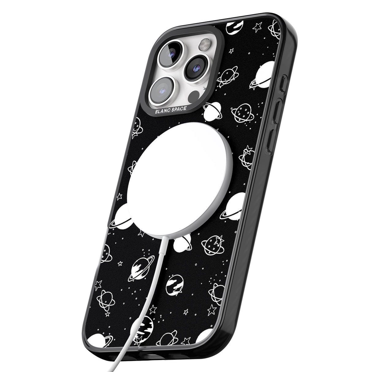 iPhone 16 Pro Max White Planets on Black Black Impact Phone Case