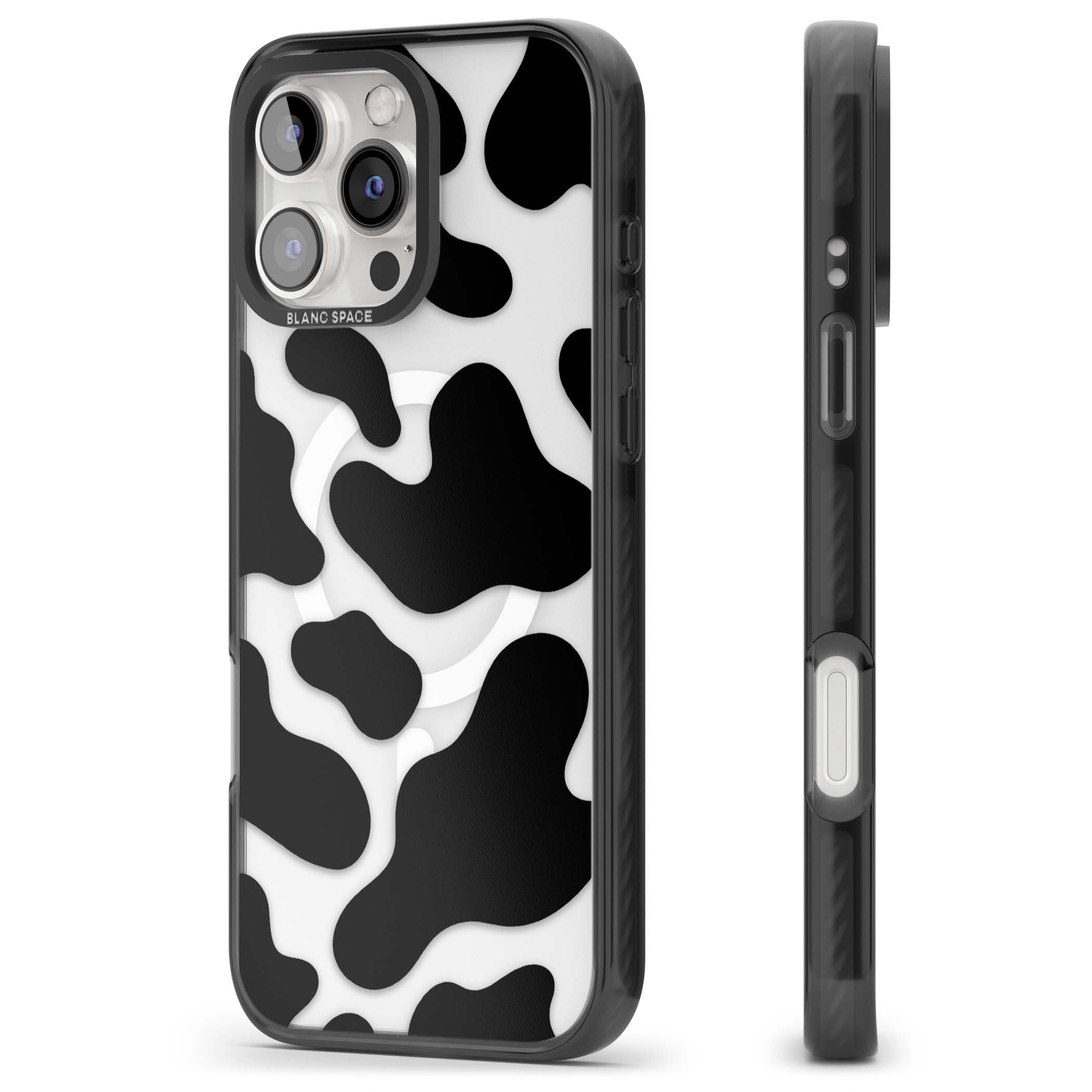 Clear Cow Print cow print iPhone case featuring black and white cow pattern splotches on a clear background | Black Impact Magsafe case for iPhone 16 Pro, iPhone 16 Pro Max