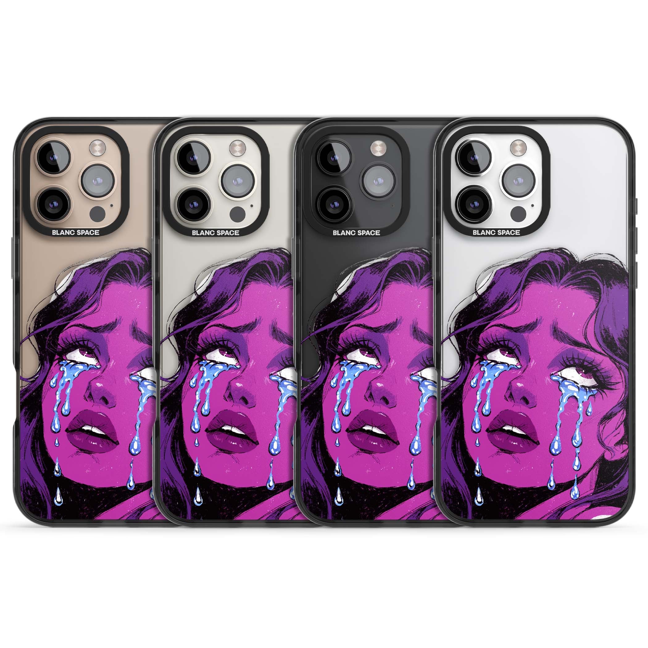 Drama Queen pop art iPhone case featuring a purple crying comic girl with blue tears | Black Impact Magsafe case for iPhone 16 Pro, iPhone 16 Pro Max