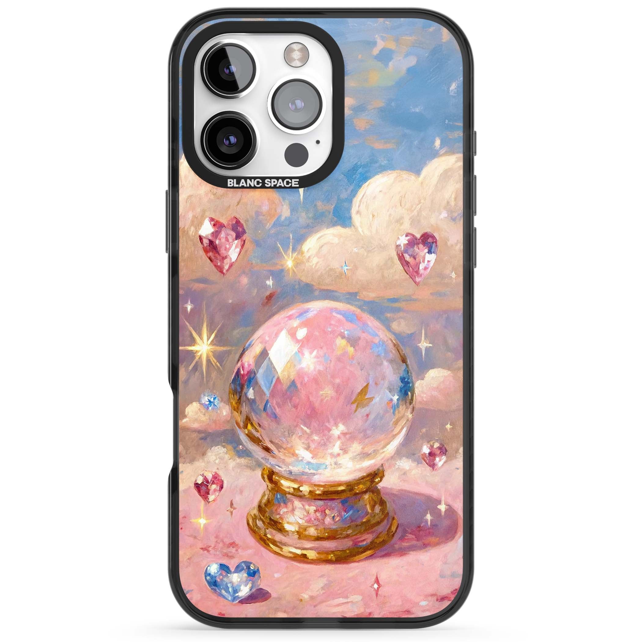 Crystal Ball fairycore iPhone case featuring a painted crystal ball, heart gemstones, and pastel clouds | Black Impact Magsafe case for iPhone 16 Pro, iPhone 16 Pro Max