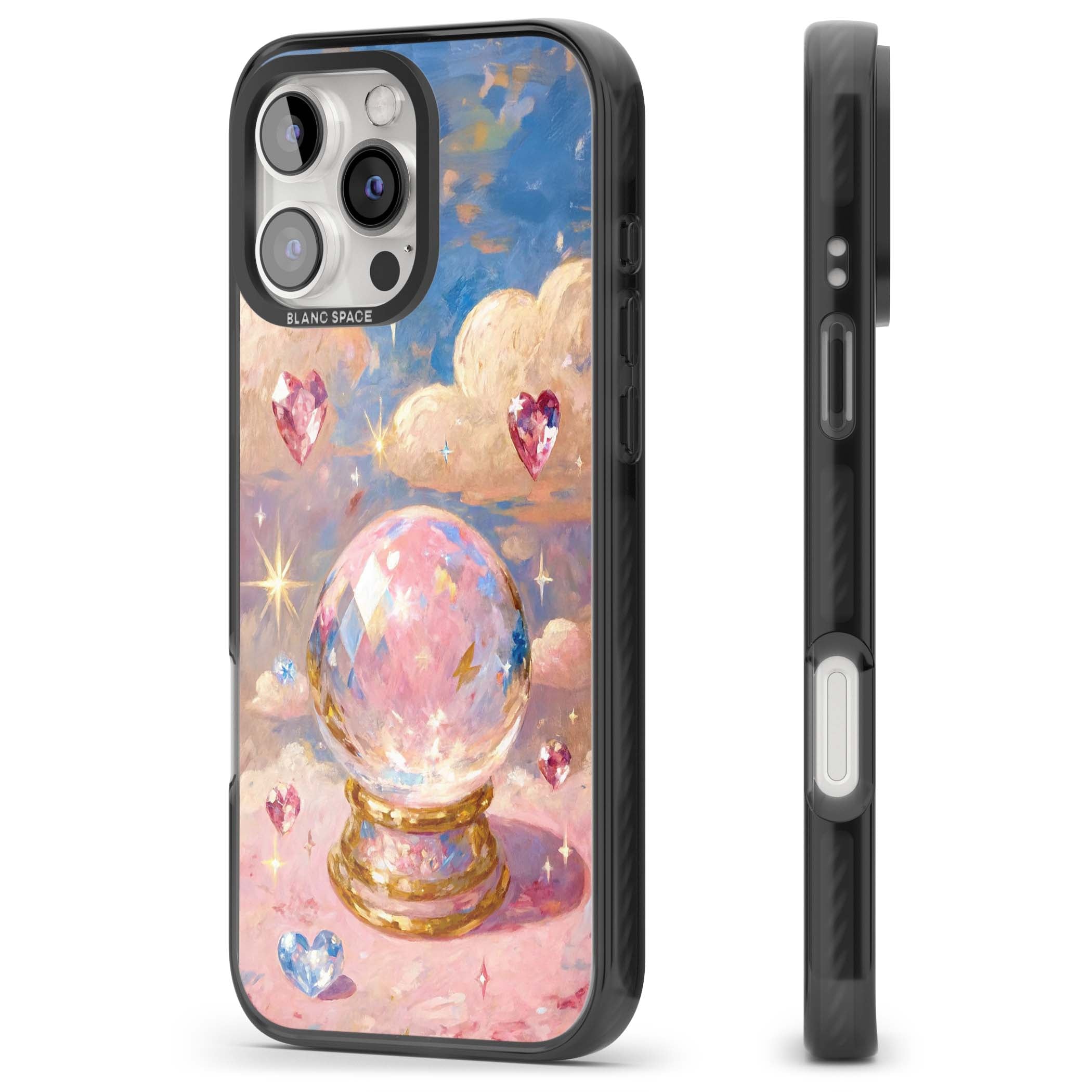 Crystal Ball fairycore iPhone case featuring a painted crystal ball, heart gemstones, and pastel clouds | Black Impact Magsafe case for iPhone 16 Pro, iPhone 16 Pro Max