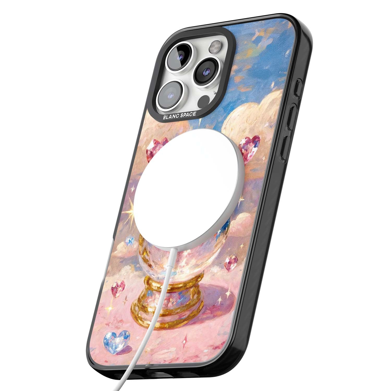 Crystal Ball fairycore iPhone case featuring a painted crystal ball, heart gemstones, and pastel clouds | Black Impact Magsafe case for iPhone 16 Pro, iPhone 16 Pro Max