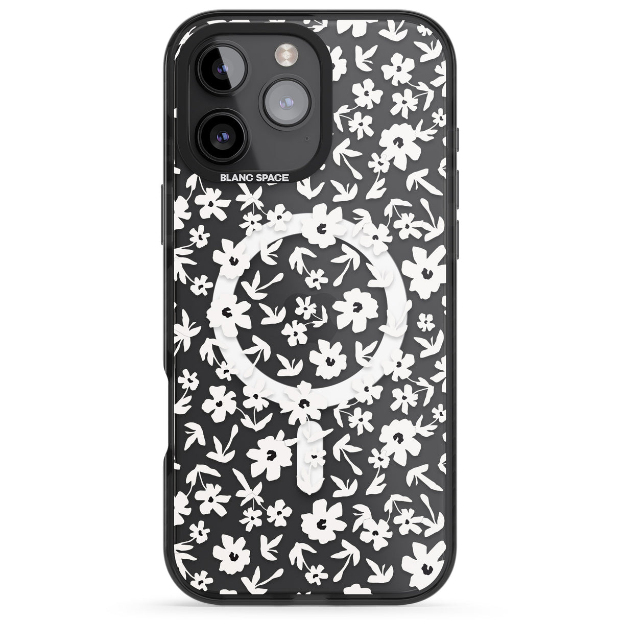 iPhone 16 Pro Max Floral Print on Transparent Black Impact Phone Case