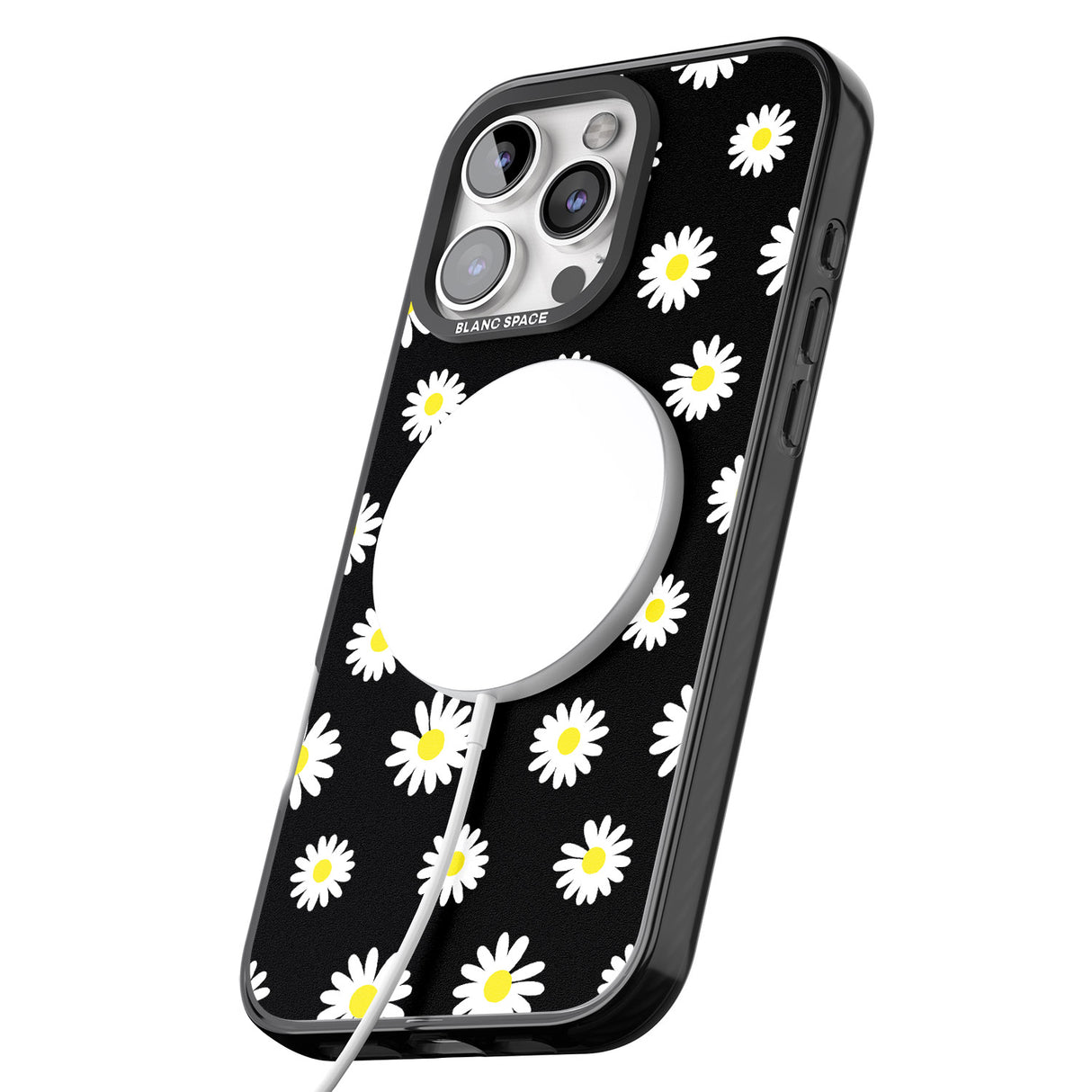 iPhone 16 Pro Max White Daisy Pattern (Black) Black Impact Phone Case