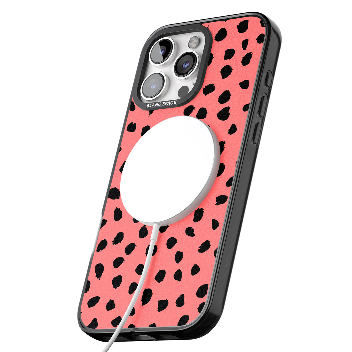 iPhone 16 Pro Max Black on Salmon Pink Dalmatian Polka Dot Spots Black Impact Phone Case