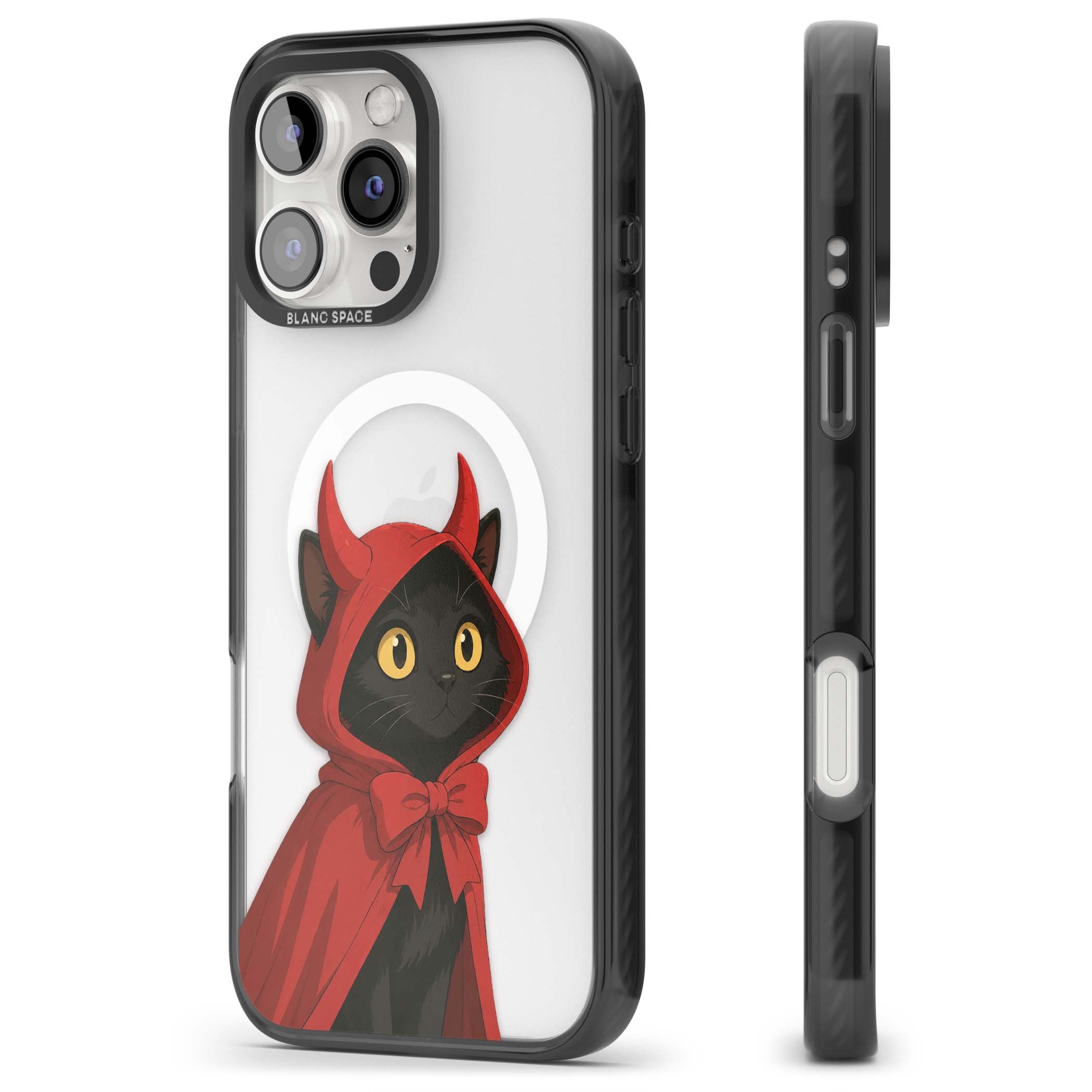 Little Devil halloween iPhone case featuring a black cat in a red hooded devil cloak with horns and golden eyes | Black Impact Magsafe case for iPhone 16 Pro, iPhone 16 Pro Max