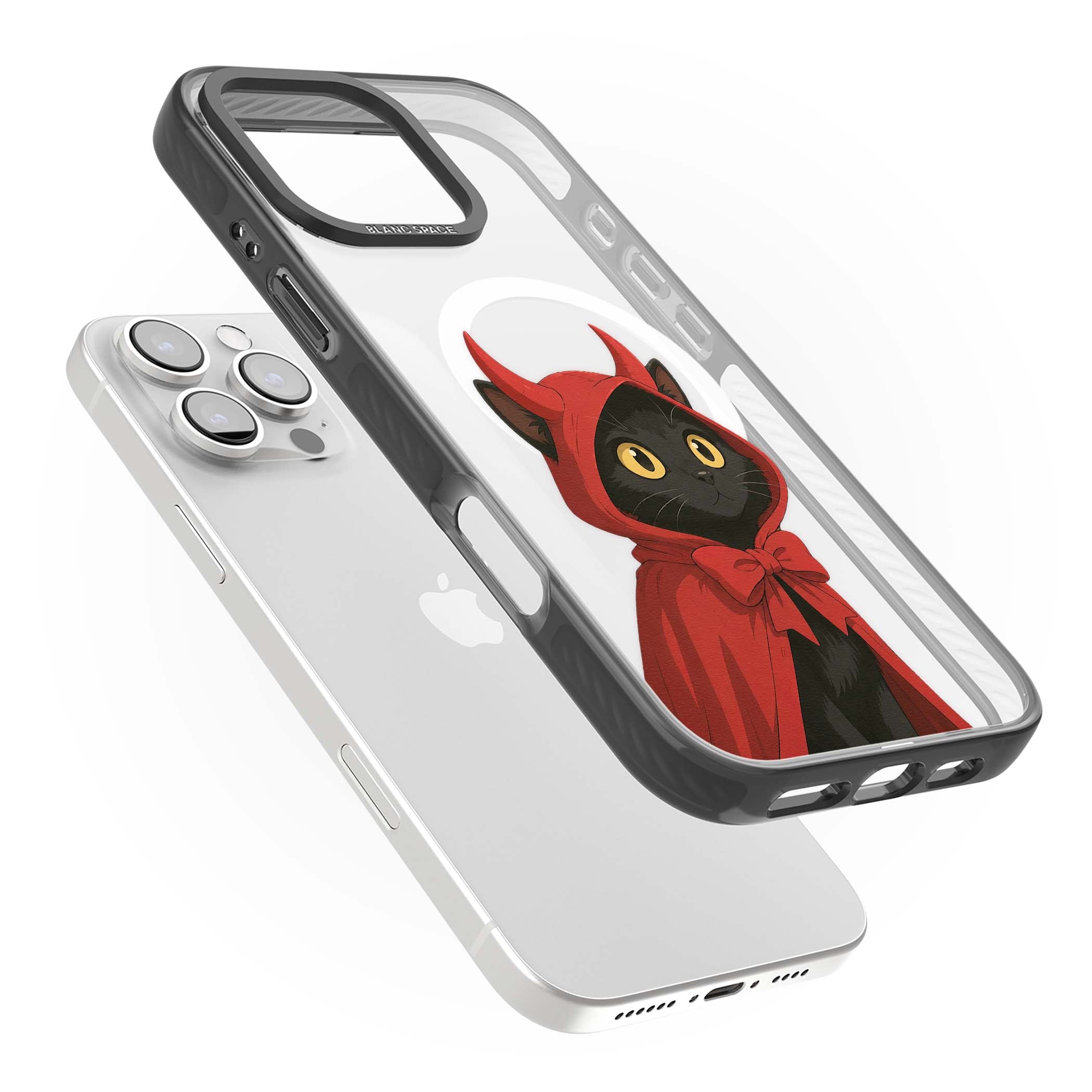 Little Devil halloween iPhone case featuring a black cat in a red hooded devil cloak with horns and golden eyes | Black Impact Magsafe case for iPhone 16 Pro, iPhone 16 Pro Max