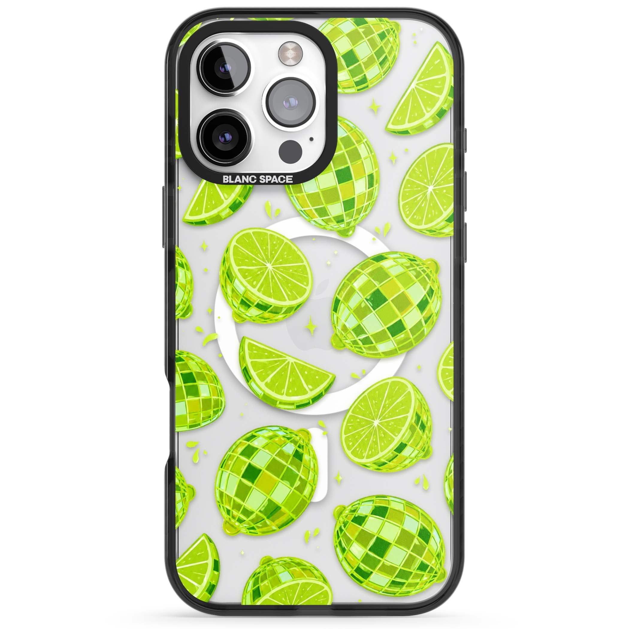 Disco Limes fruit aesthetic iPhone case featuring green disco balls, lime slices and citrus sparkles | Black Impact Magsafe case for iPhone 16 Pro, iPhone 16 Pro Max