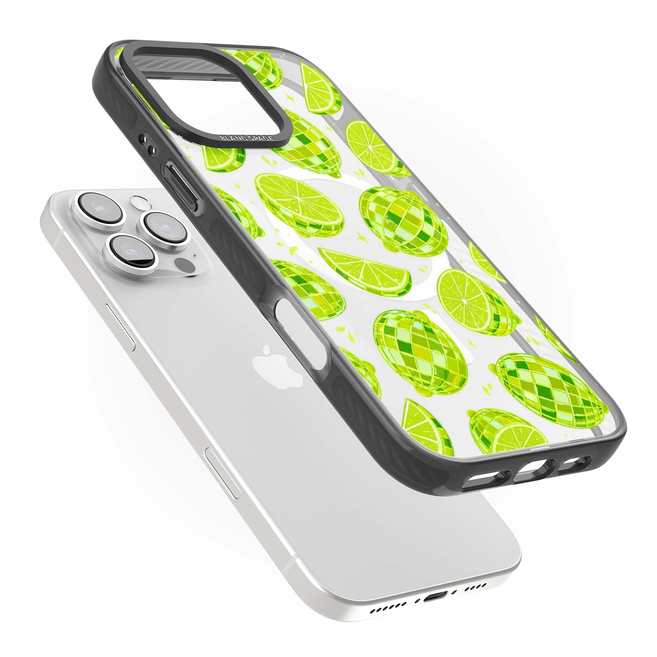 Disco Limes fruit aesthetic iPhone case featuring green disco balls, lime slices and citrus sparkles | Black Impact Magsafe case for iPhone 16 Pro, iPhone 16 Pro Max