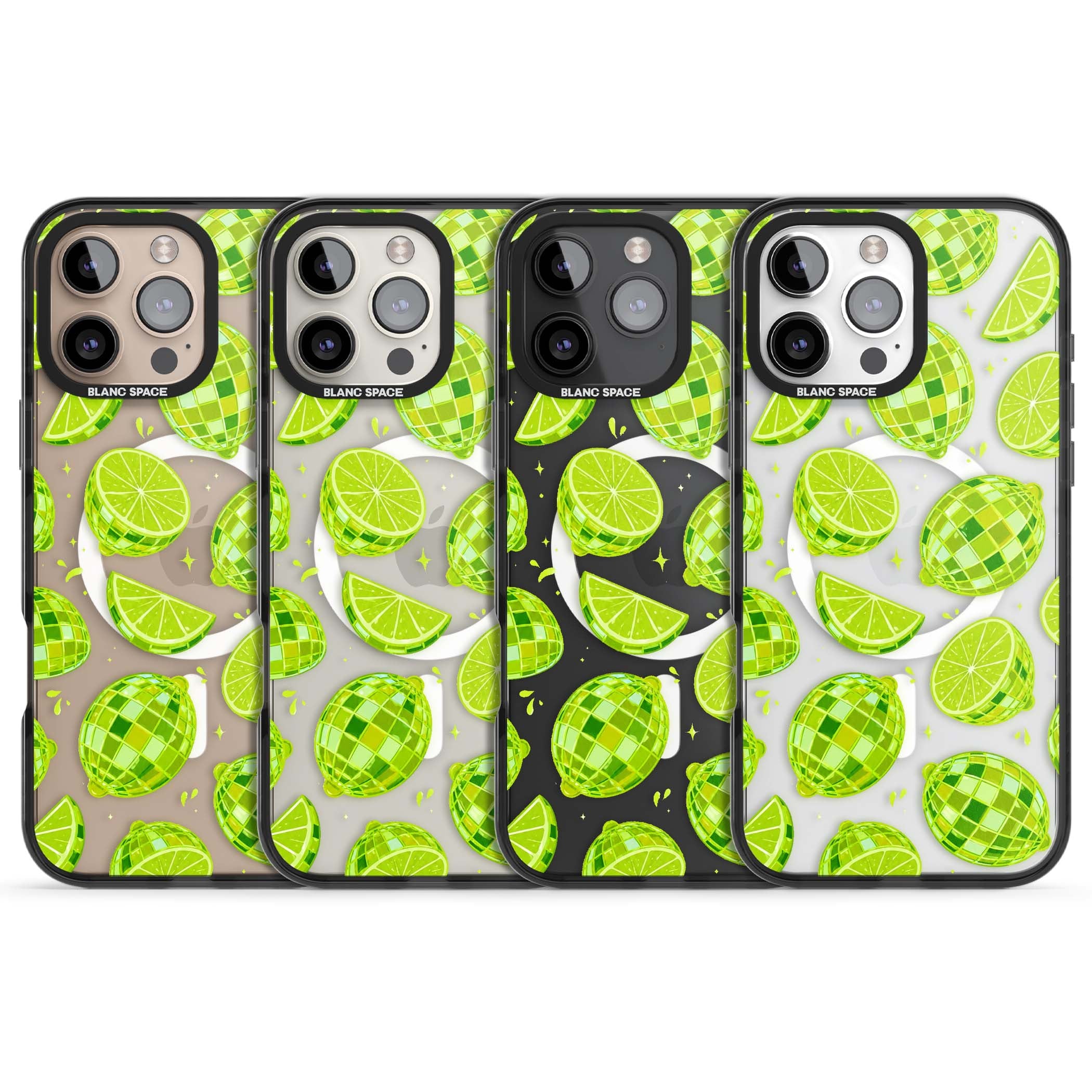 Disco Limes fruit aesthetic iPhone case featuring green disco balls, lime slices and citrus sparkles | Black Impact Magsafe case for iPhone 16 Pro, iPhone 16 Pro Max