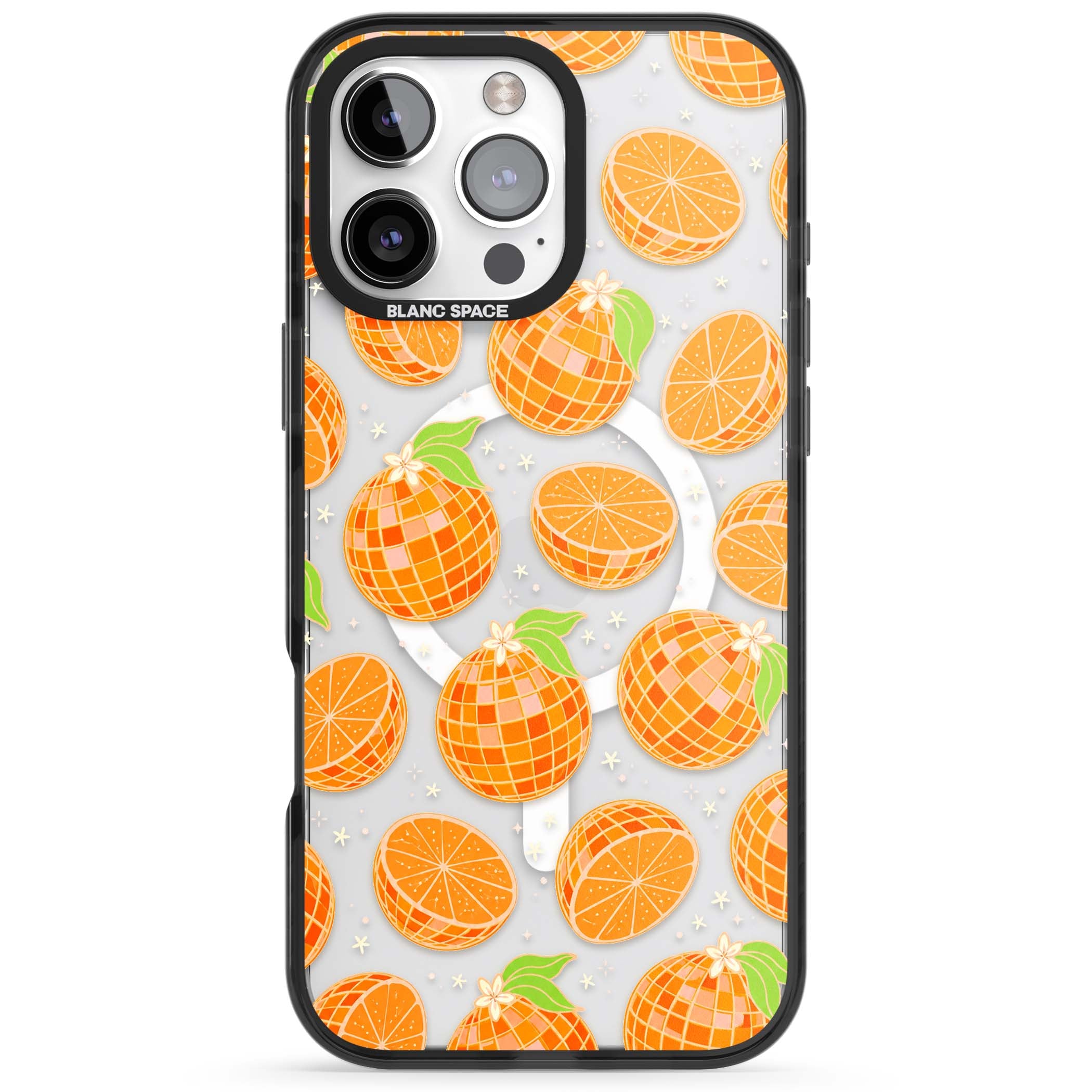 Disco Oranges retro iPhone case featuring mirrorball oranges, citrus slices and tiny blossoms on clear | Black Impact Magsafe case for iPhone 16 Pro, iPhone 16 Pro Max
