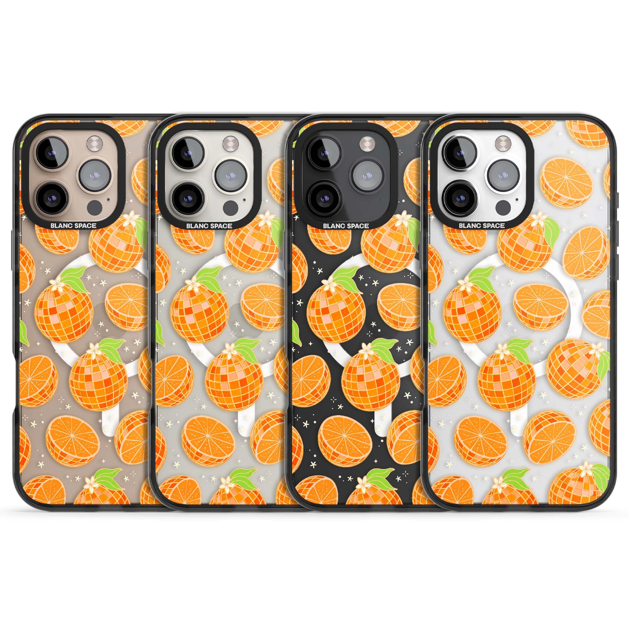 Disco Oranges retro iPhone case featuring mirrorball oranges, citrus slices and tiny blossoms on clear | Black Impact Magsafe case for iPhone 16 Pro, iPhone 16 Pro Max