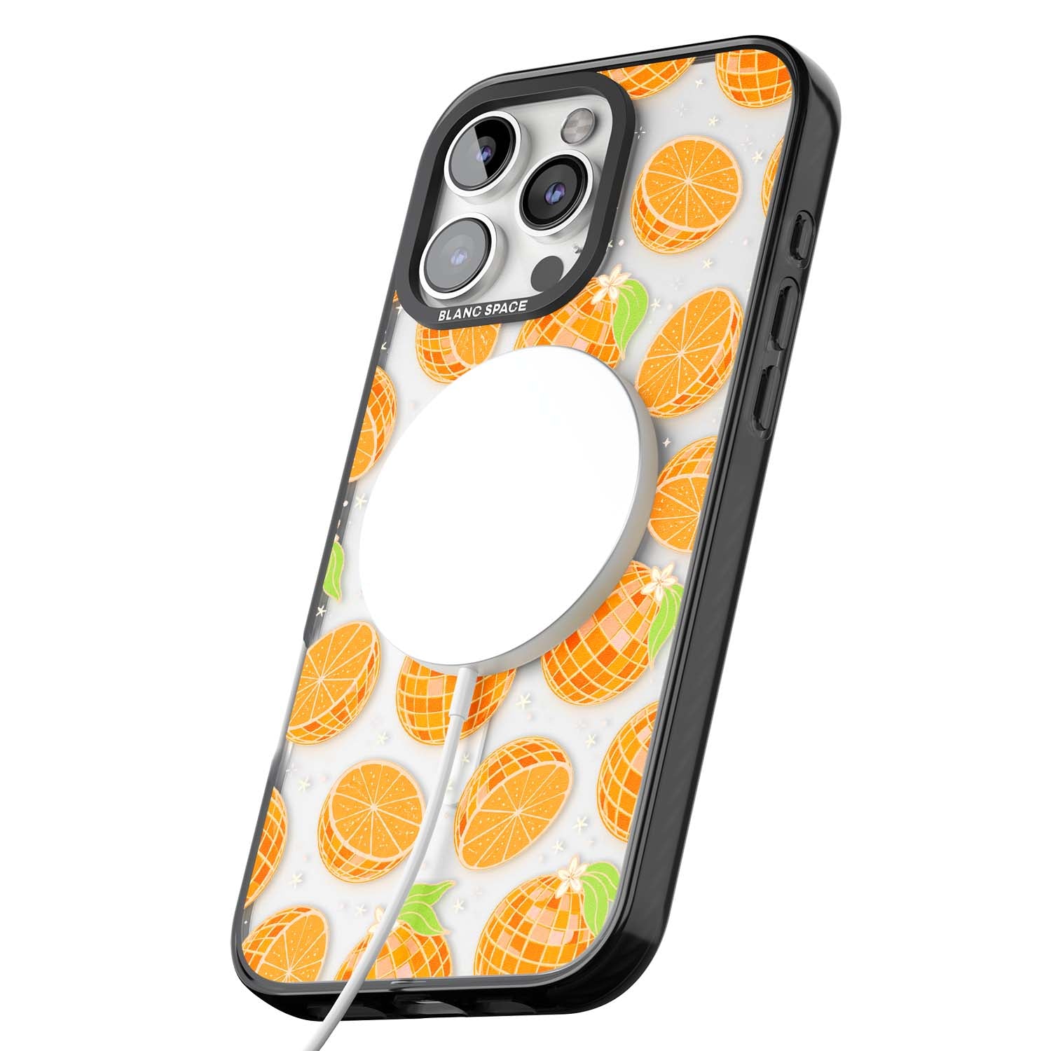 Disco Oranges retro iPhone case featuring mirrorball oranges, citrus slices and tiny blossoms on clear | Black Impact Magsafe case for iPhone 16 Pro, iPhone 16 Pro Max