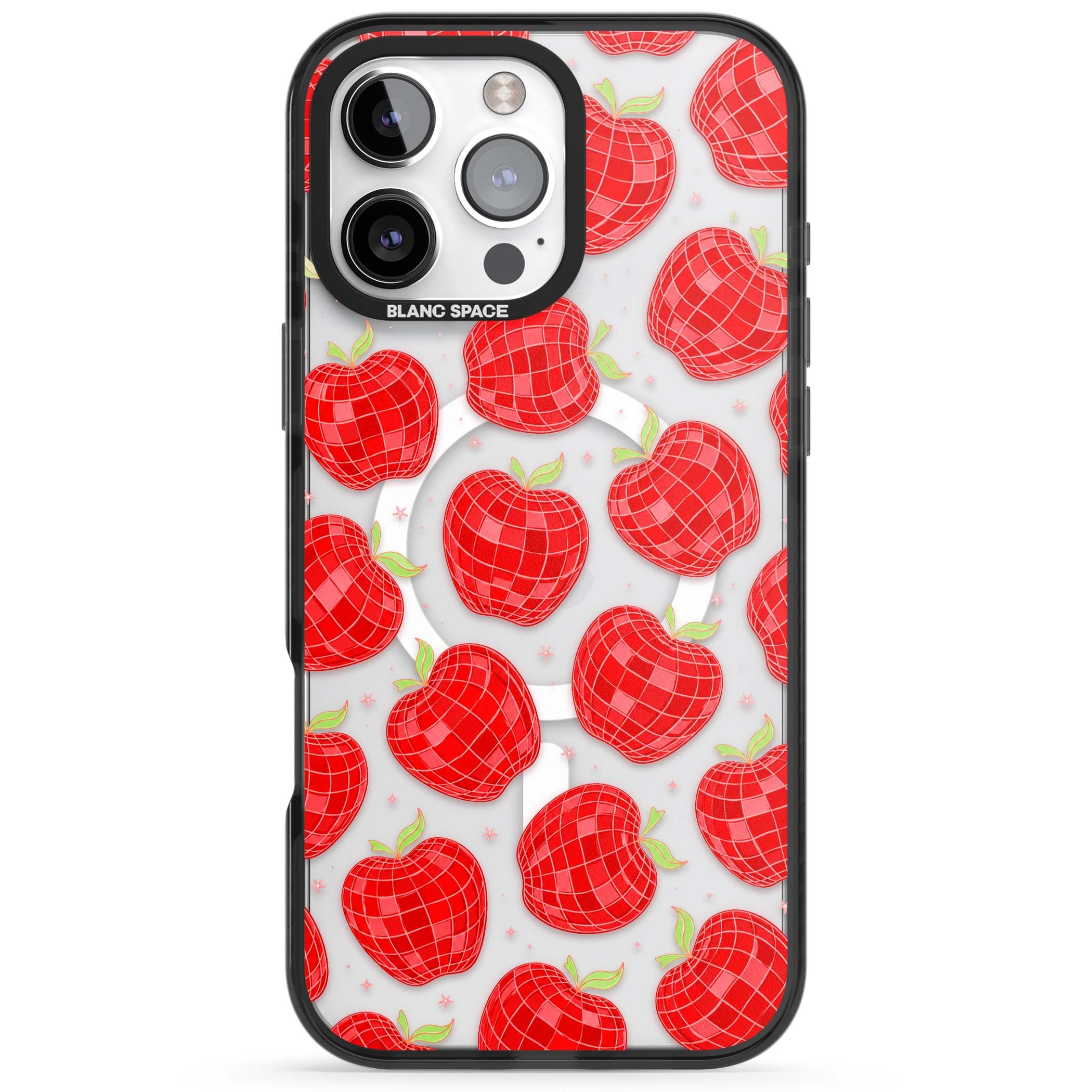 Disco Apples Y2K iPhone case featuring red disco ball apples, green leaves and pink sparkles on clear | Black Impact Magsafe case for iPhone 16 Pro, iPhone 16 Pro Max