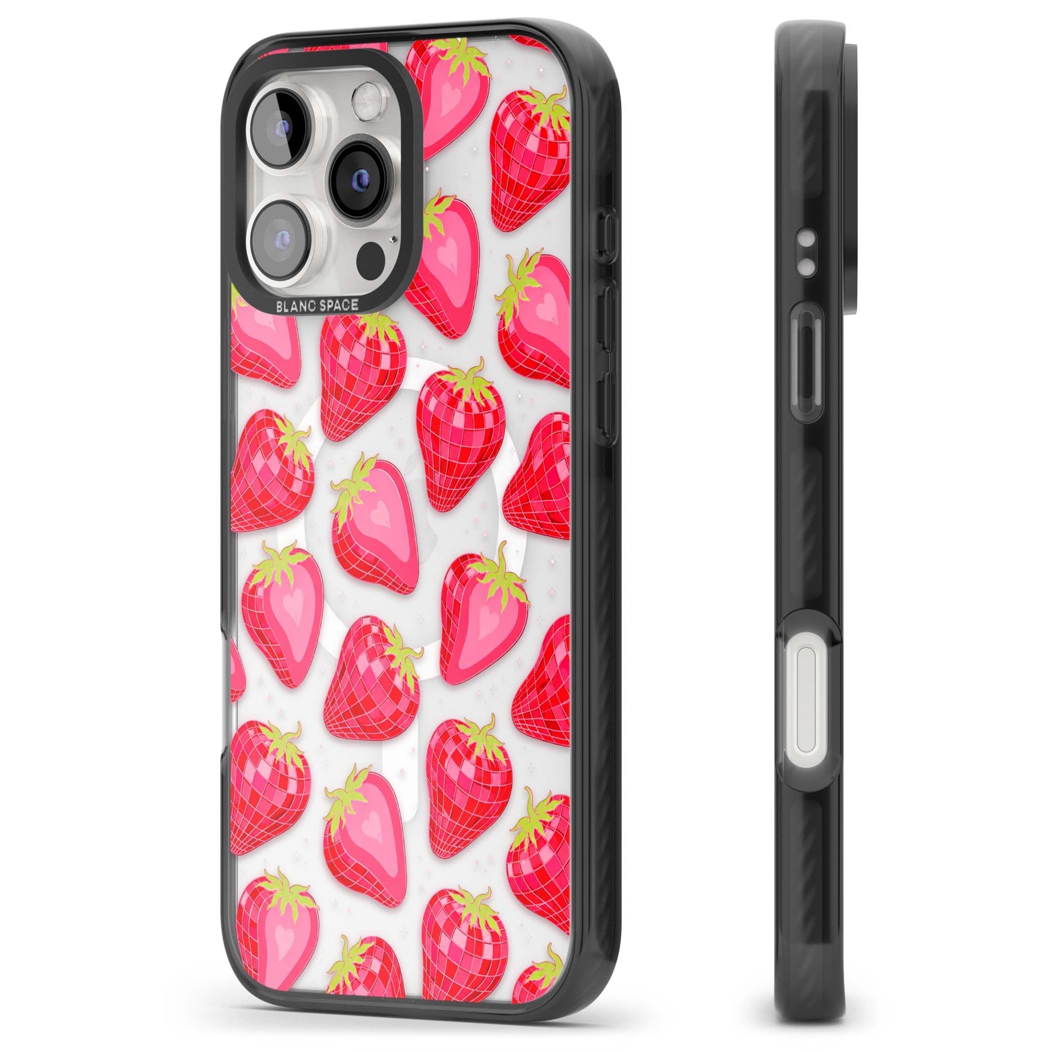 Disco Strawberry Y2K iPhone case featuring pink disco-ball strawberries, green leaves and tiny sparkles | Black Impact Magsafe case for iPhone 16 Pro, iPhone 16 Pro Max