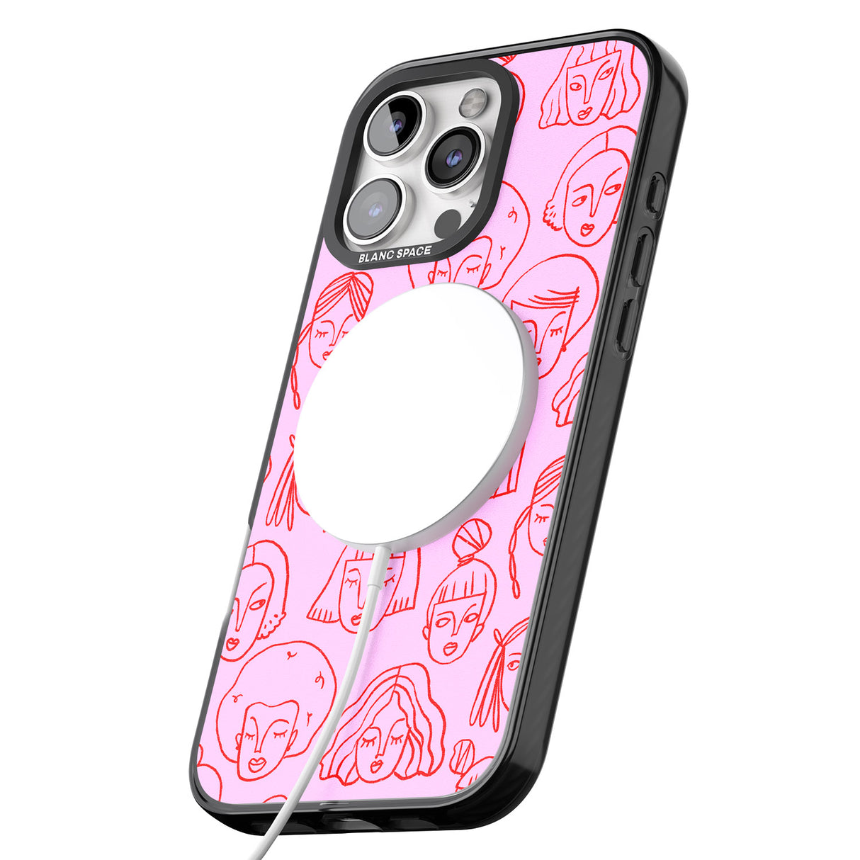 iPhone 16 Pro Max Girl Portrait Doodles in Pink & Red Black Impact Phone Case