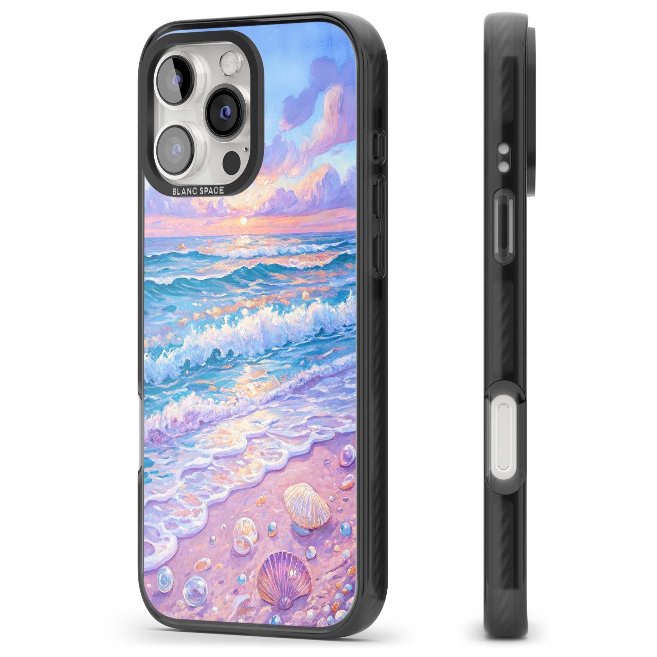 Pearl Shore coastal iPhone case featuring pastel painted waves, seashells, and a sunrise sky over a lavender beach. | Black Impact Magsafe case for iPhone 16 Pro, iPhone 16 Pro Max