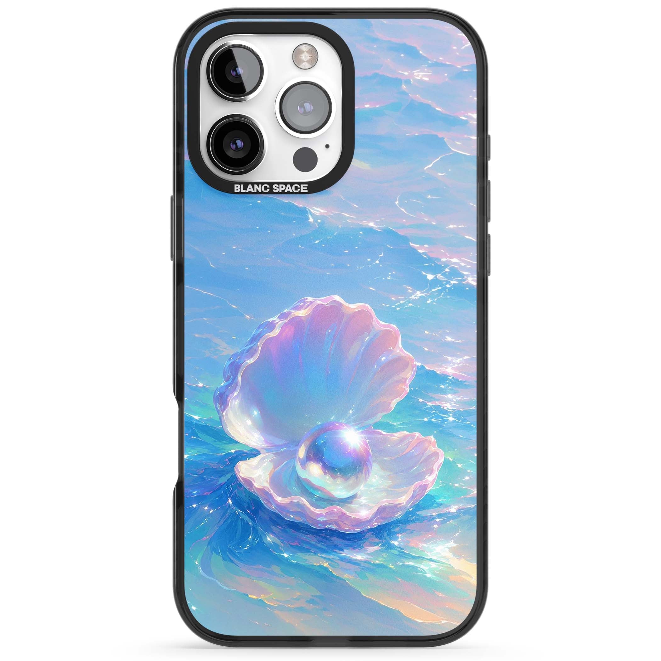 The Pearl Clam mermaidcore iPhone case featuring iridescent seashell, glowing pearl and pastel ocean waves | Black Impact Magsafe case for iPhone 16 Pro, iPhone 16 Pro Max