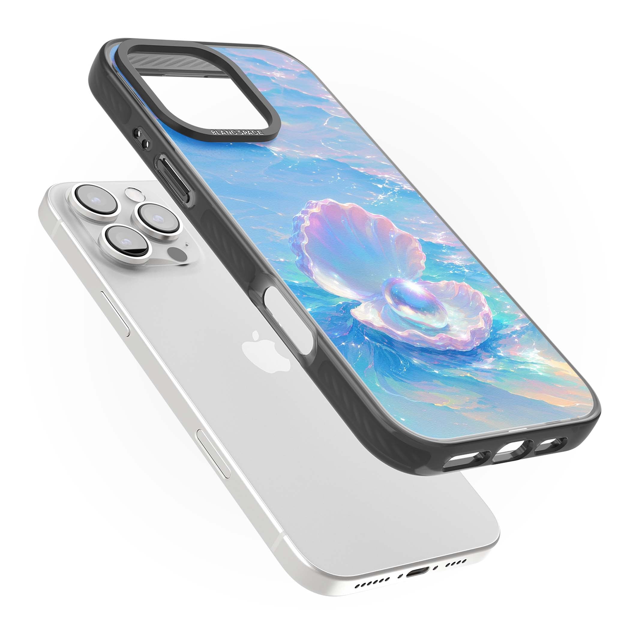 The Pearl Clam mermaidcore iPhone case featuring iridescent seashell, glowing pearl and pastel ocean waves | Black Impact Magsafe case for iPhone 16 Pro, iPhone 16 Pro Max
