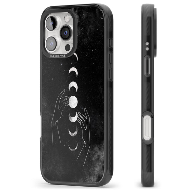 iPhone 16 Pro Max Moon Phases and Hands Black Impact Phone Case