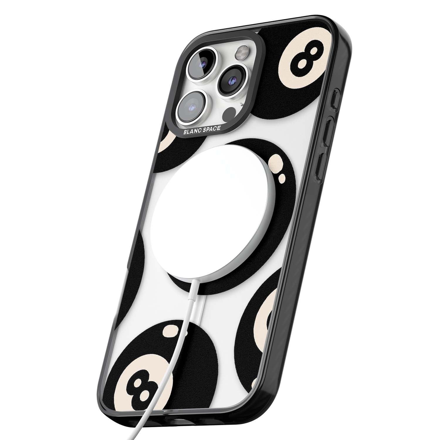 Eights y2k iPhone case featuring scattered black 8 balls with cream highlights on a clear background | Black Impact Magsafe case for iPhone 16 Pro, iPhone 16 Pro Max