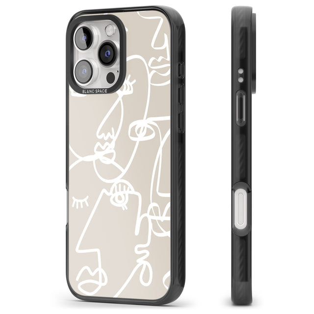 iPhone 16 Pro Max Abstract Continuous Line Faces White on Beige Black Impact Phone Case