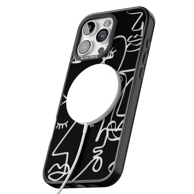 iPhone 16 Pro Max Abstract Continuous Line Faces Clear on Black Black Impact Phone Case