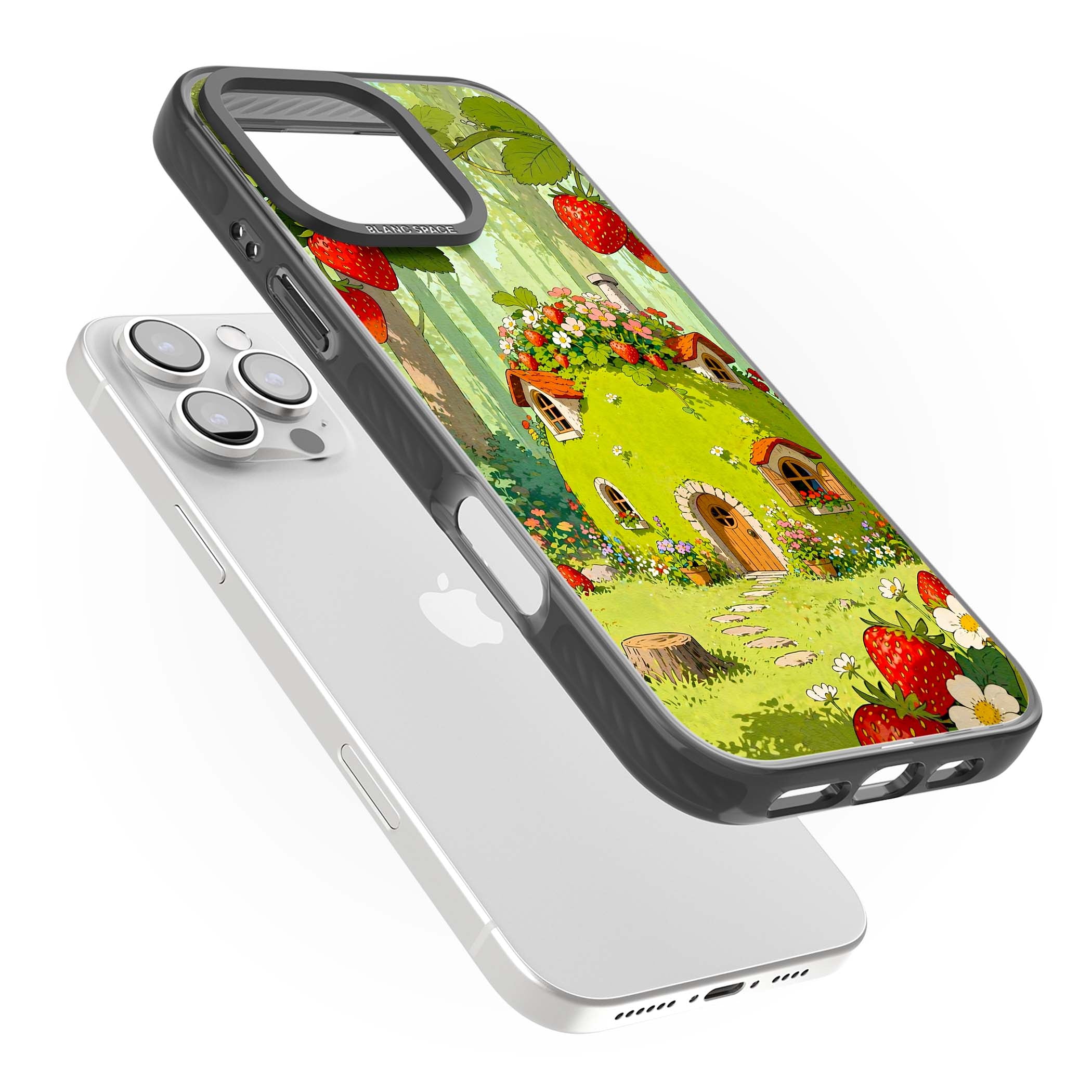 Strawberry Cottage cottagecore iPhone case featuring a green fairy house, wild strawberries and enchanted forest flowers | Black Impact Magsafe case for iPhone 16 Pro, iPhone 16 Pro Max
