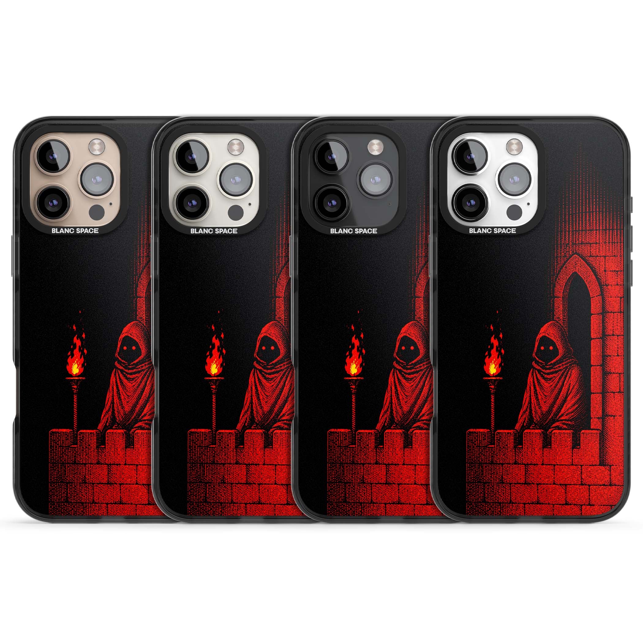 Crimson Crypt gothic iPhone case featuring a hooded reaper, torchlit crypt archway and red halftone horror art | Black Impact Magsafe case for iPhone 16 Pro, iPhone 16 Pro Max