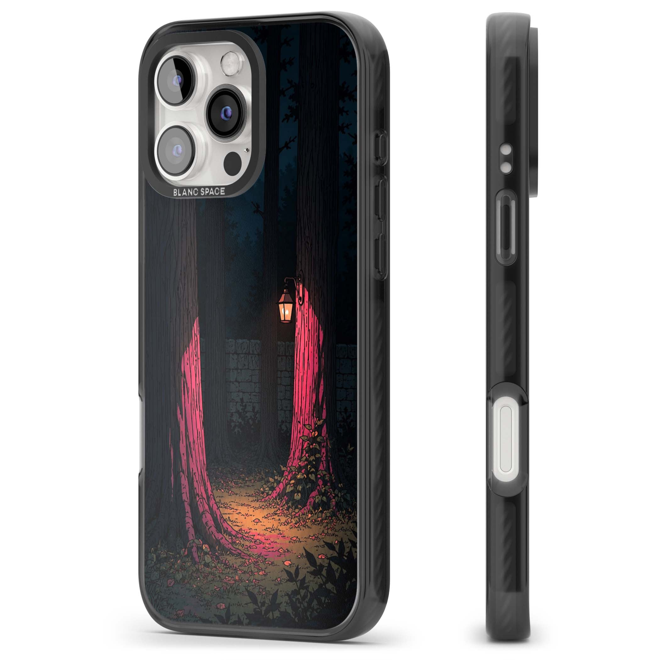 Forest Lantern dark academia iPhone case featuring a moonlit forest, glowing lantern, and stone wall pathway | Black Impact Magsafe case for iPhone 16 Pro, iPhone 16 Pro Max