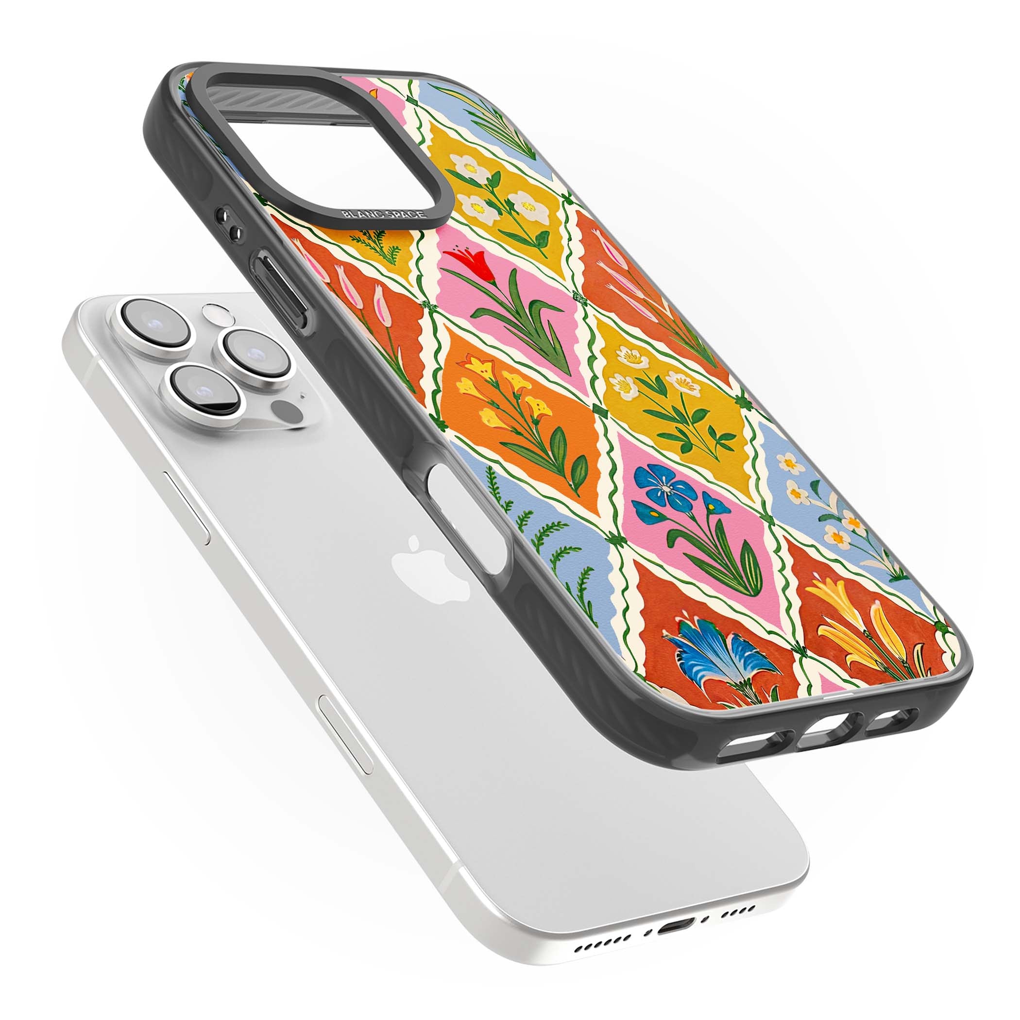 Floral Quilt boho floral iPhone case featuring diamond lattice pattern, hand-painted tulips and folk art wildflowers | Black Impact Magsafe case for iPhone 16 Pro, iPhone 16 Pro Max