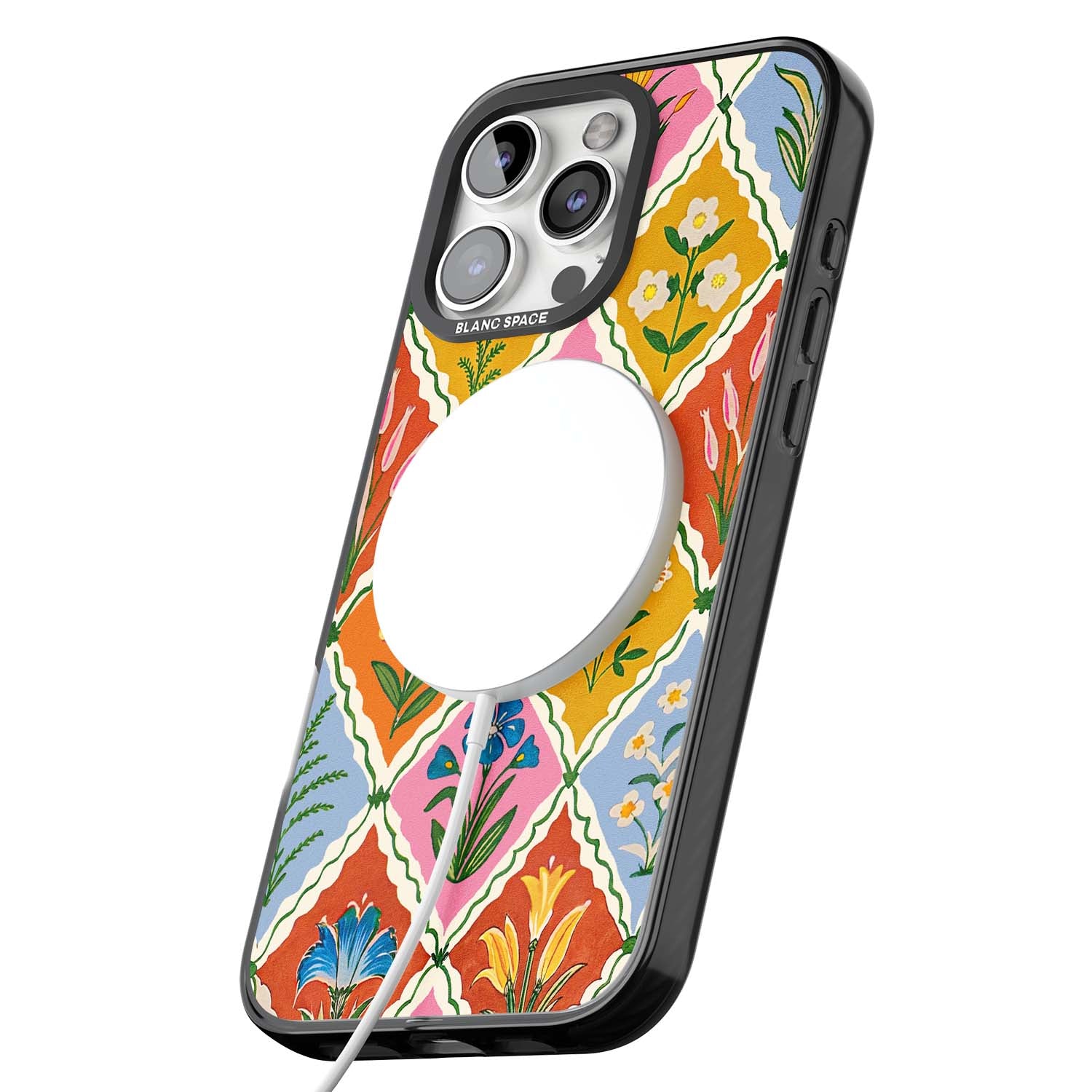 Floral Quilt boho floral iPhone case featuring diamond lattice pattern, hand-painted tulips and folk art wildflowers | Black Impact Magsafe case for iPhone 16 Pro, iPhone 16 Pro Max