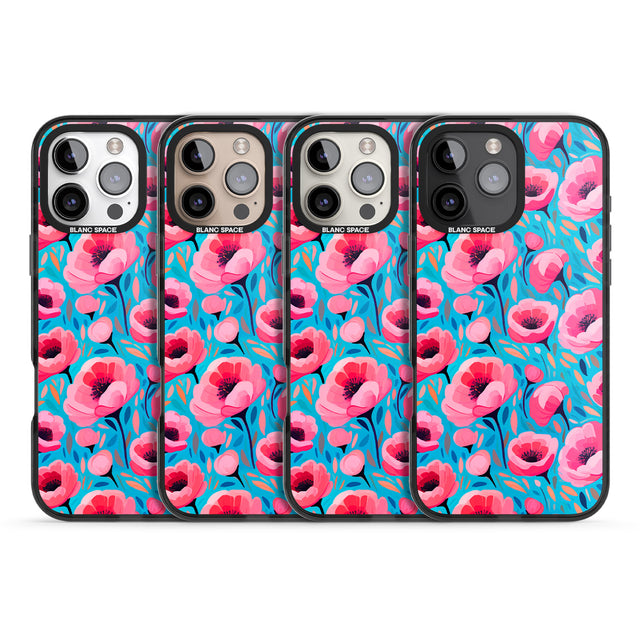 iPhone 16 Pro Max Tropical Pink Poppies Black Impact Phone Case