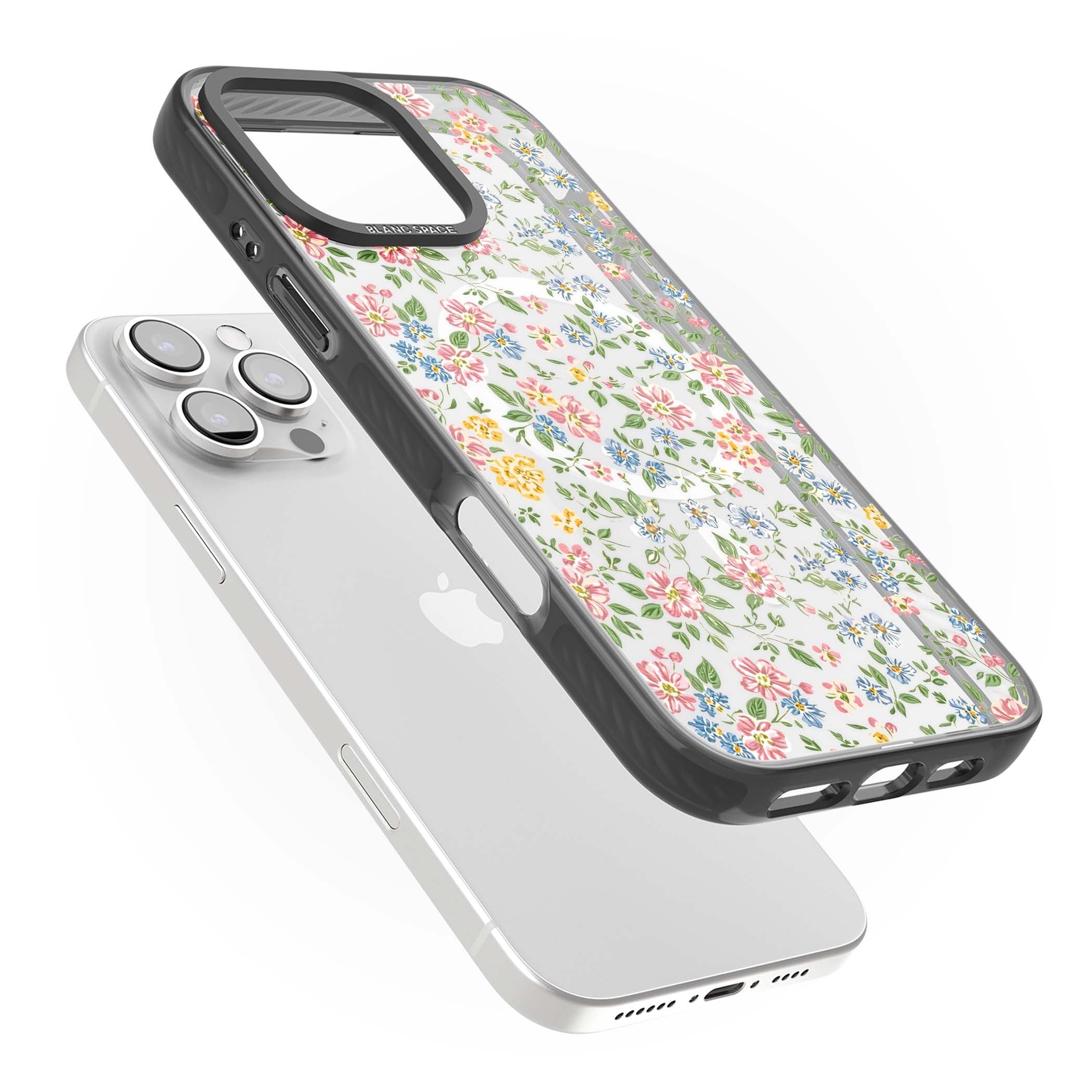 Soft Meadow cottagecore iPhone case featuring pink cosmos, blue forget-me-nots, yellow buttercups and green leaves sca | Black Impact Magsafe case for iPhone 16 Pro, iPhone 16 Pro Max