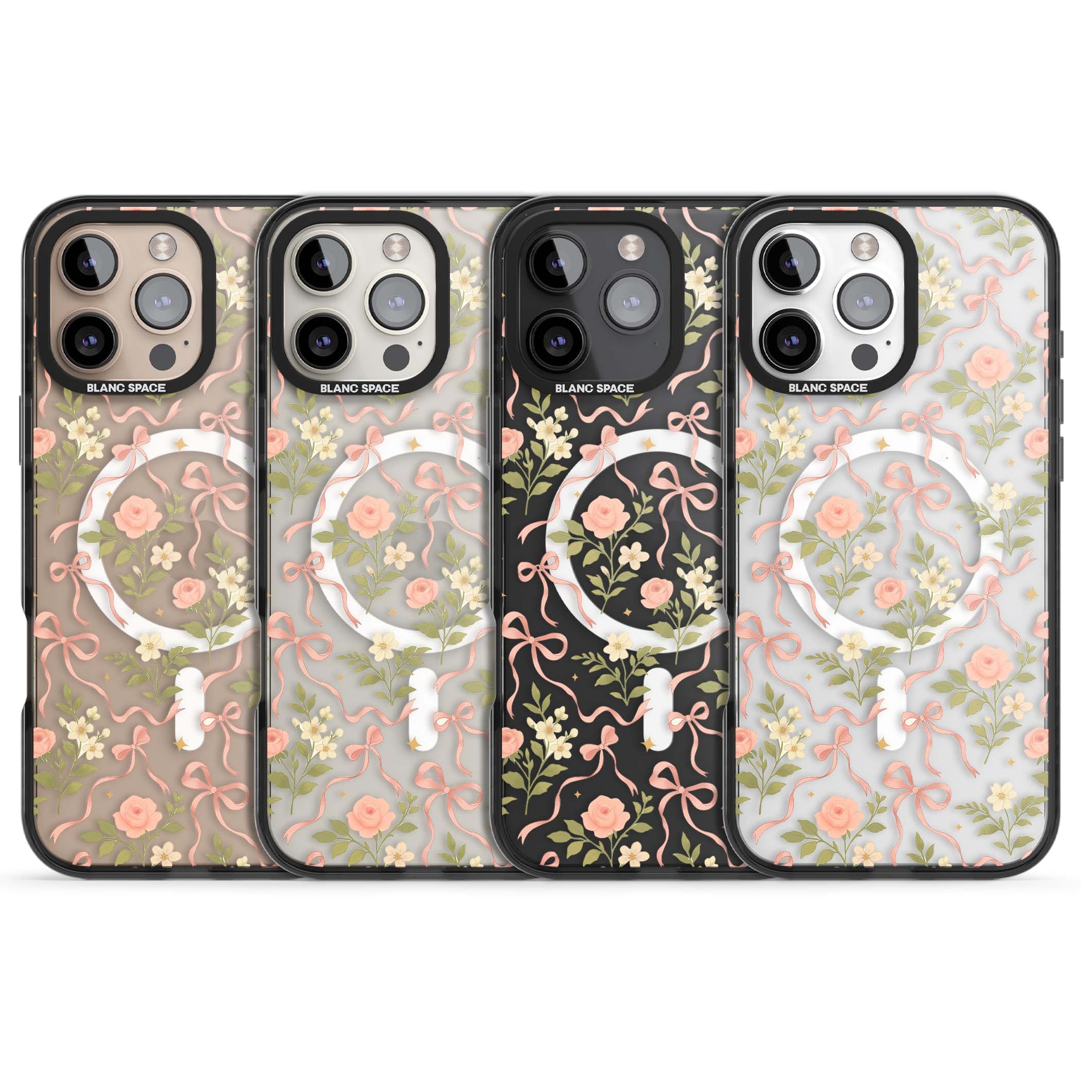 Ribbon Garden coquette iPhone case featuring pink bows, peach roses and wildflowers on white background | Black Impact Magsafe case for iPhone 16 Pro, iPhone 16 Pro Max