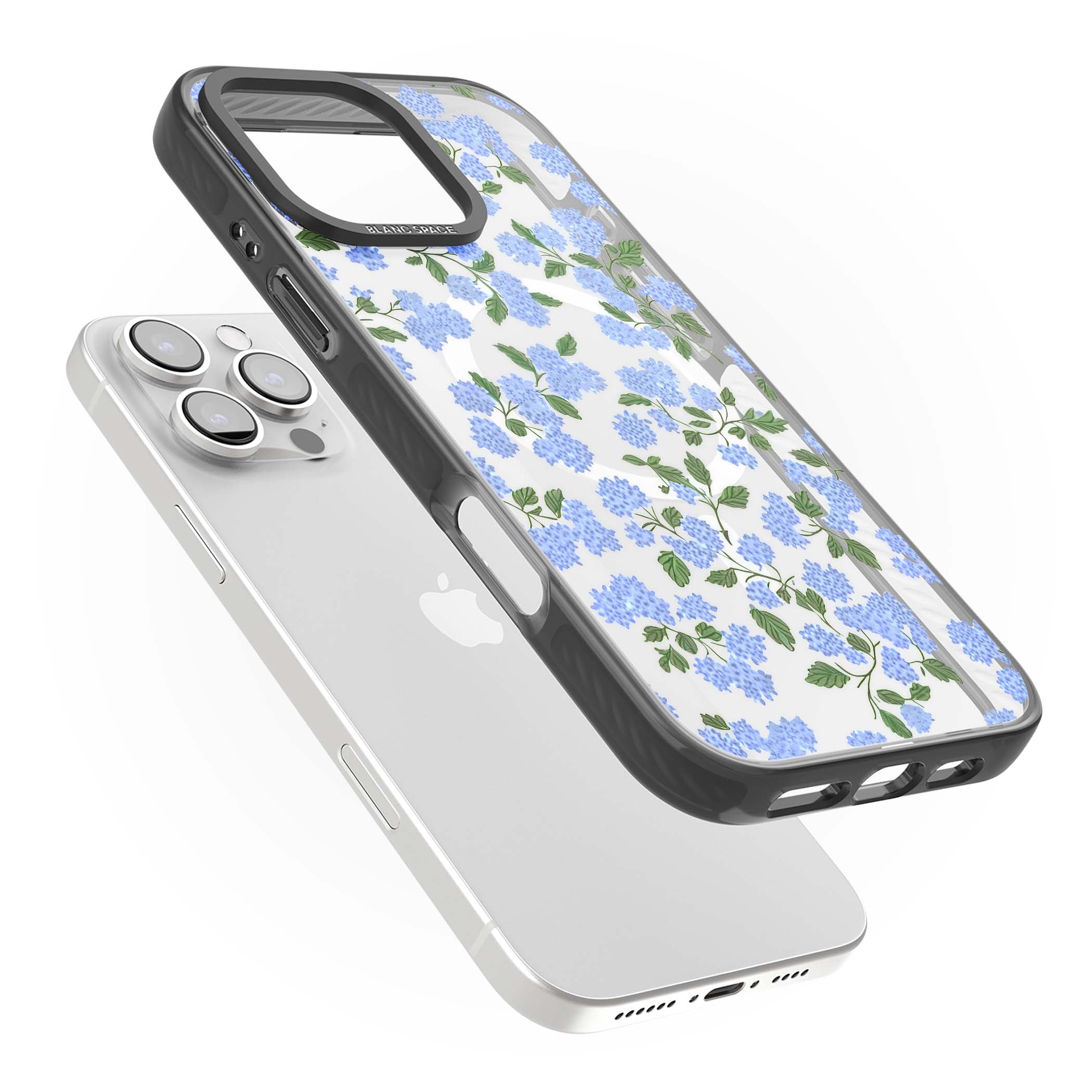 Hydrangea Dreams cottagecore iPhone case featuring soft blue hydrangea flower clusters and green leaves | Black Impact Magsafe case for iPhone 16 Pro, iPhone 16 Pro Max