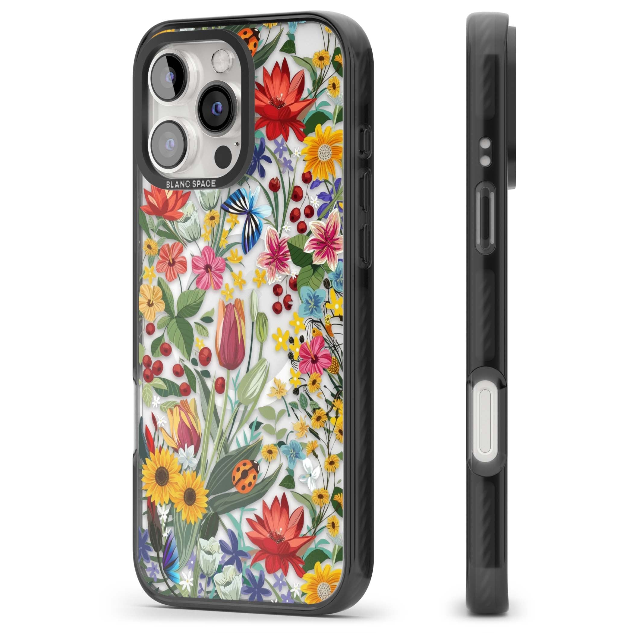 Botanical Bloom cottagecore iPhone case featuring colorful wildflowers, sunflowers, and ladybugs on clear background | Black Impact Magsafe case for iPhone 16 Pro, iPhone 16 Pro Max